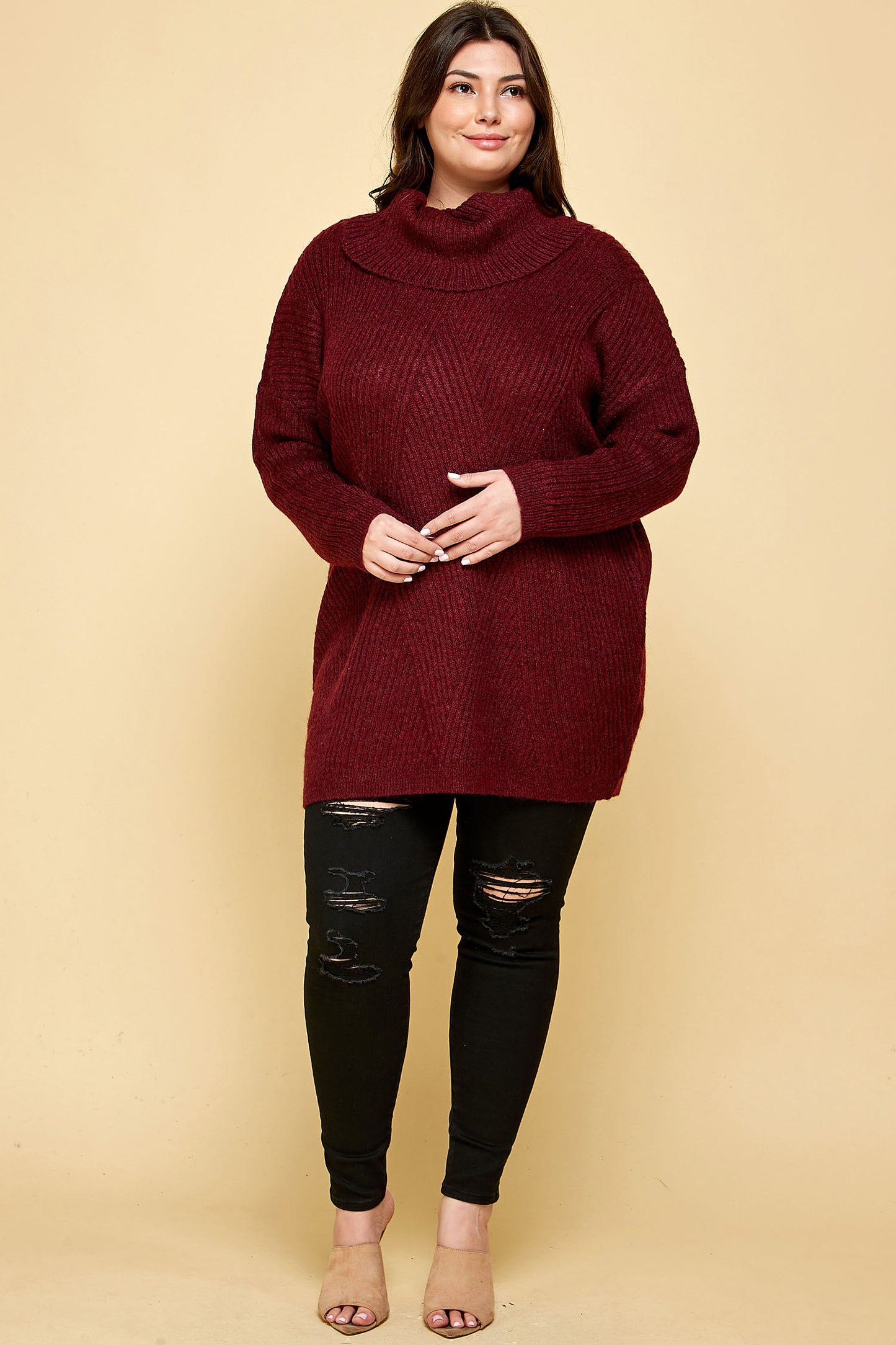 PLUS SIZE HEAVY KNIT LONG TURTLENECK IN BURGUNDY
