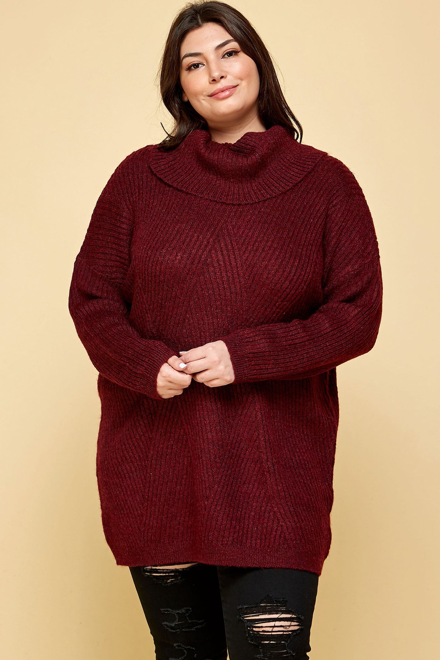 PLUS SIZE HEAVY KNIT LONG TURTLENECK IN BURGUNDY