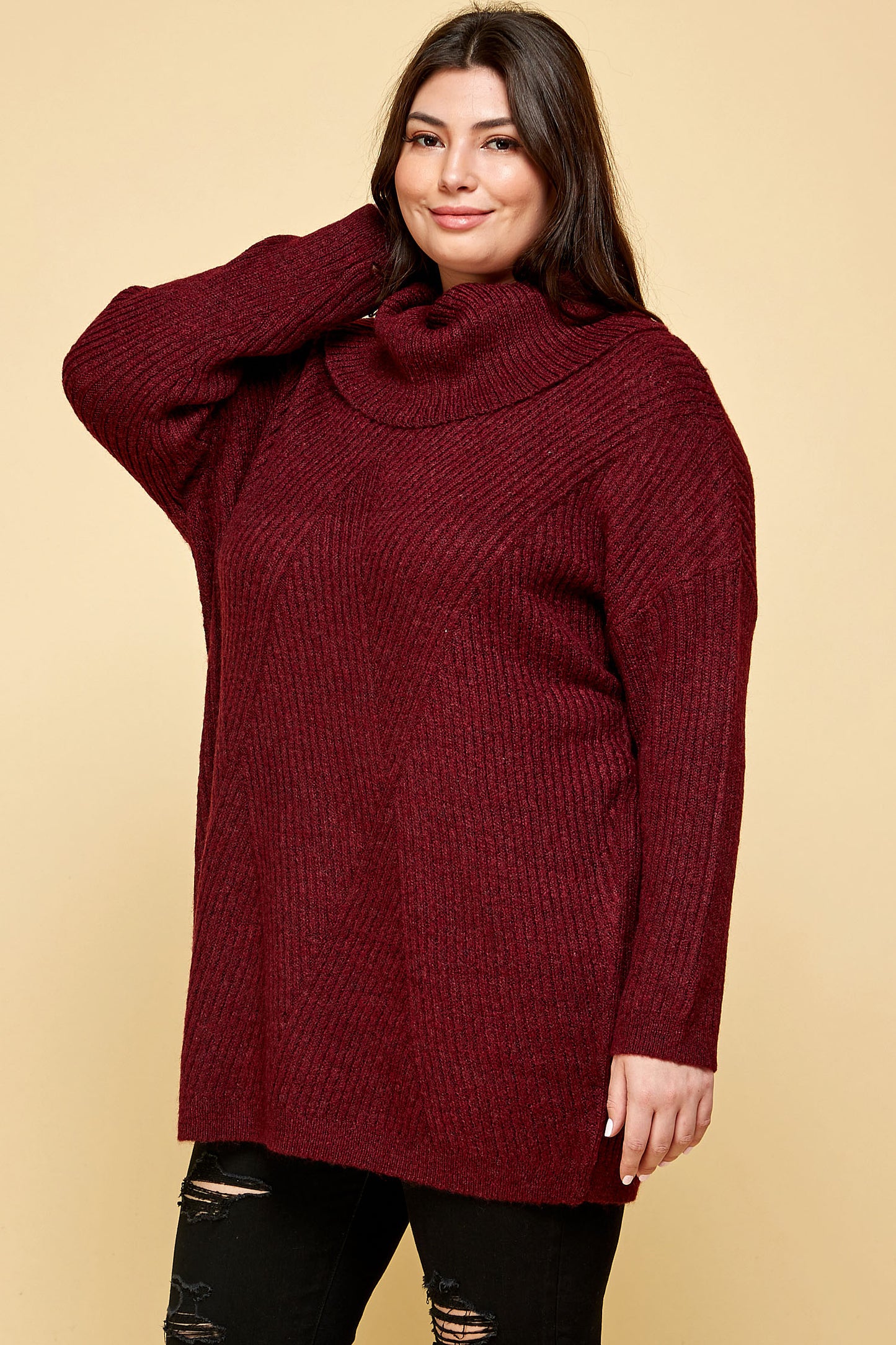 PLUS SIZE HEAVY KNIT LONG TURTLENECK IN BURGUNDY
