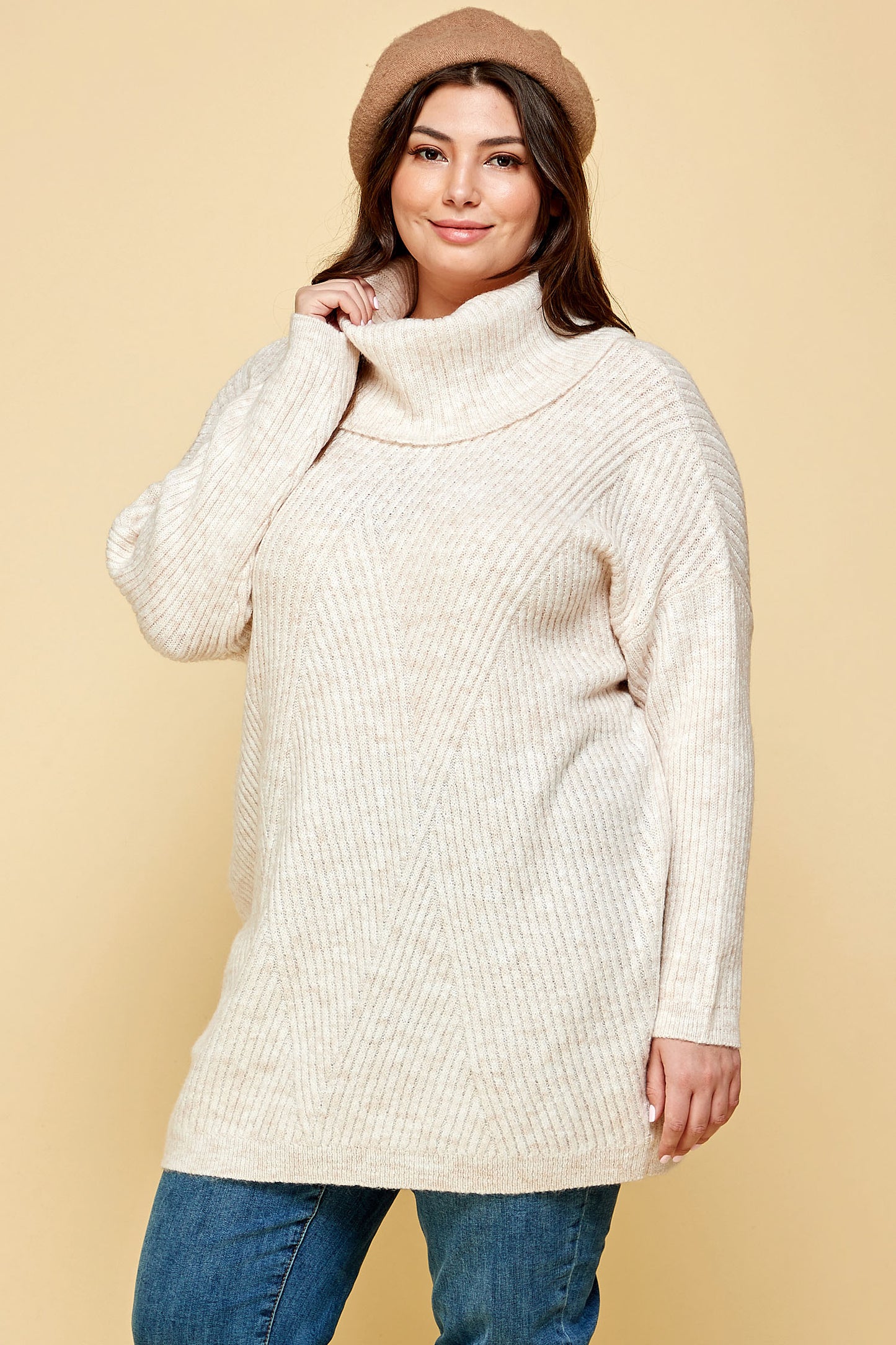 PLUS SIZE HEAVY KNIT LONG TURTLENECK IN IVORY