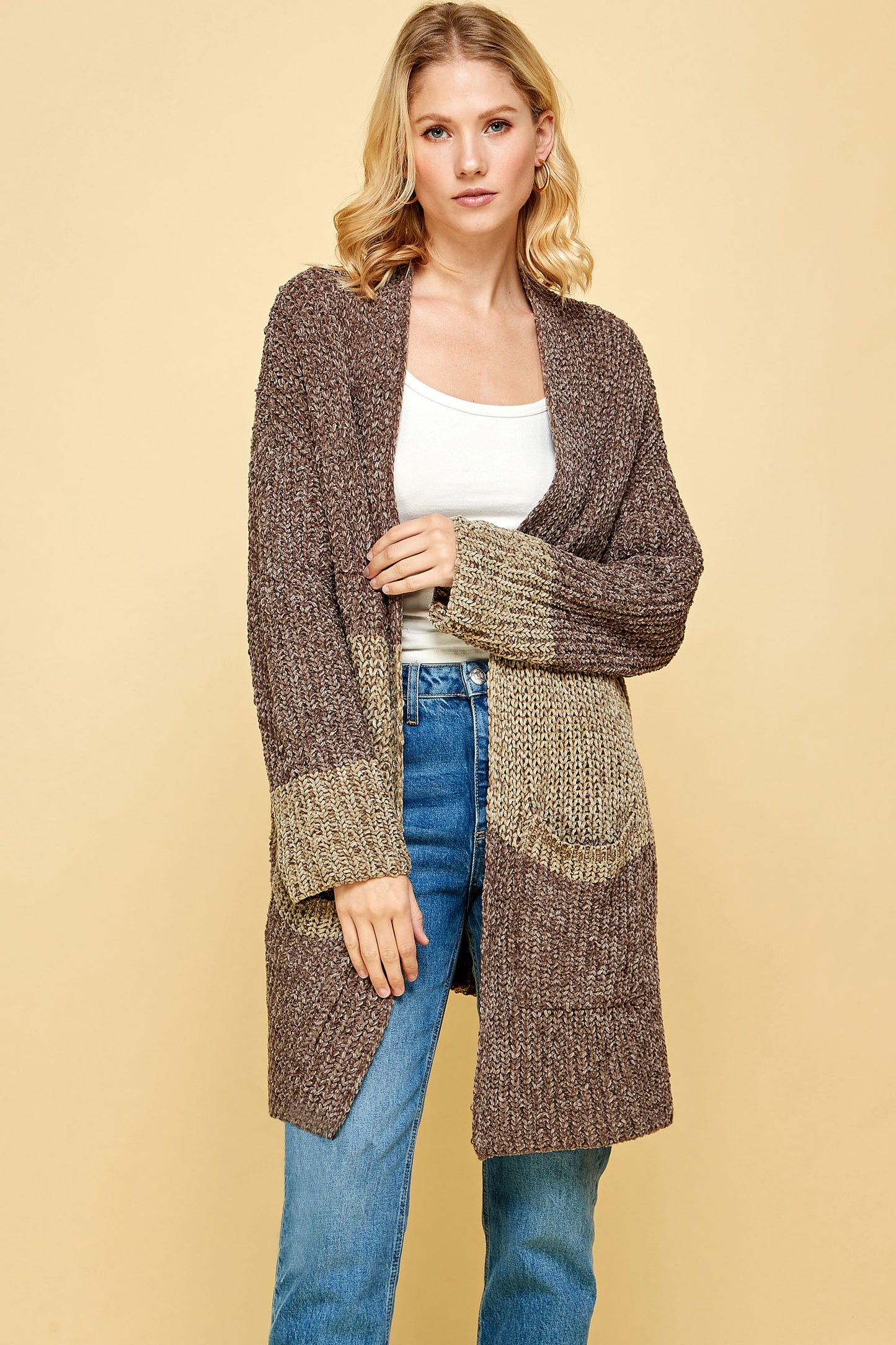 COMFY CABLE CHENILLE COLORBLOCK CARDIGAN