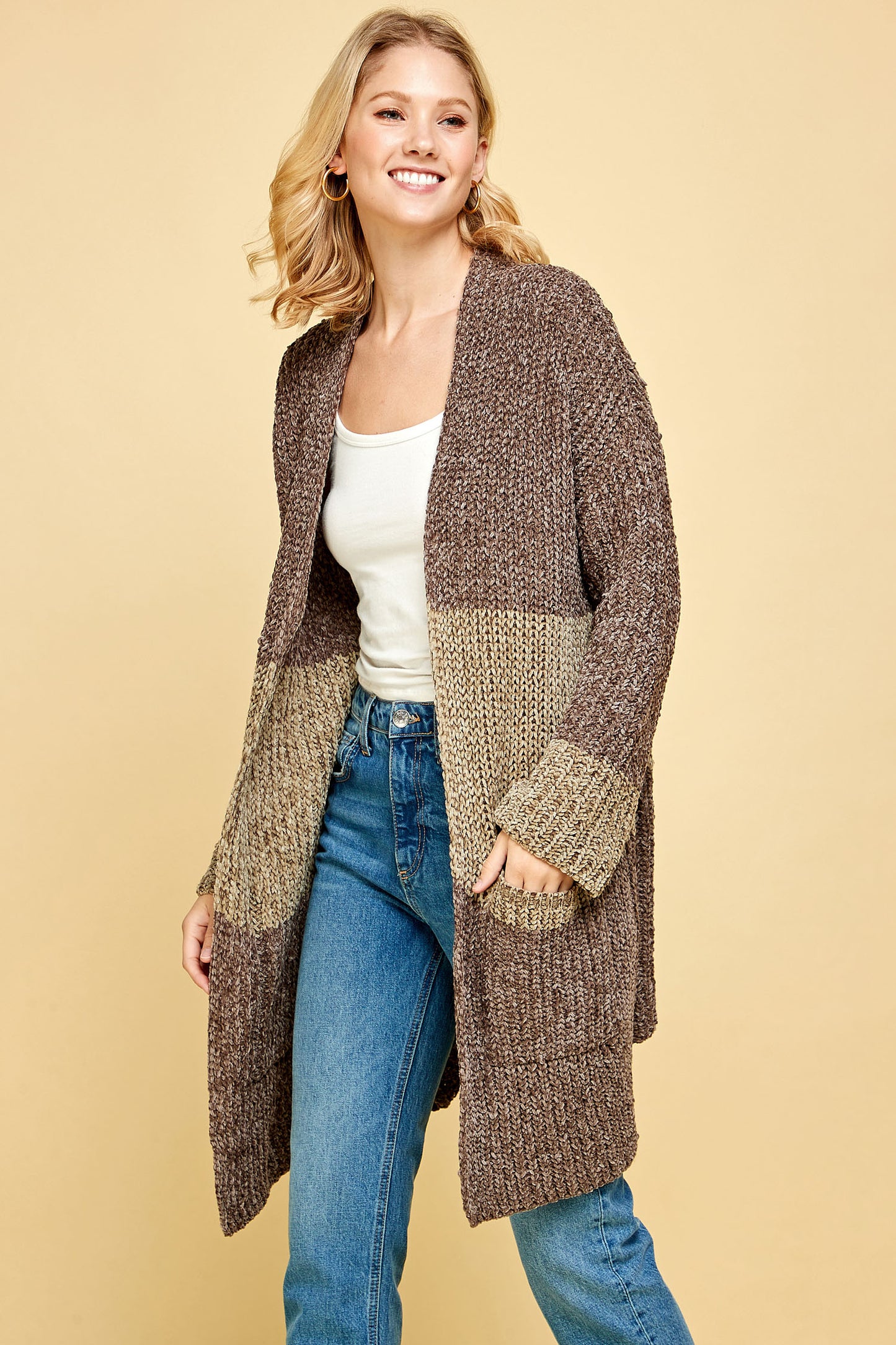 COMFY CABLE CHENILLE COLORBLOCK CARDIGAN