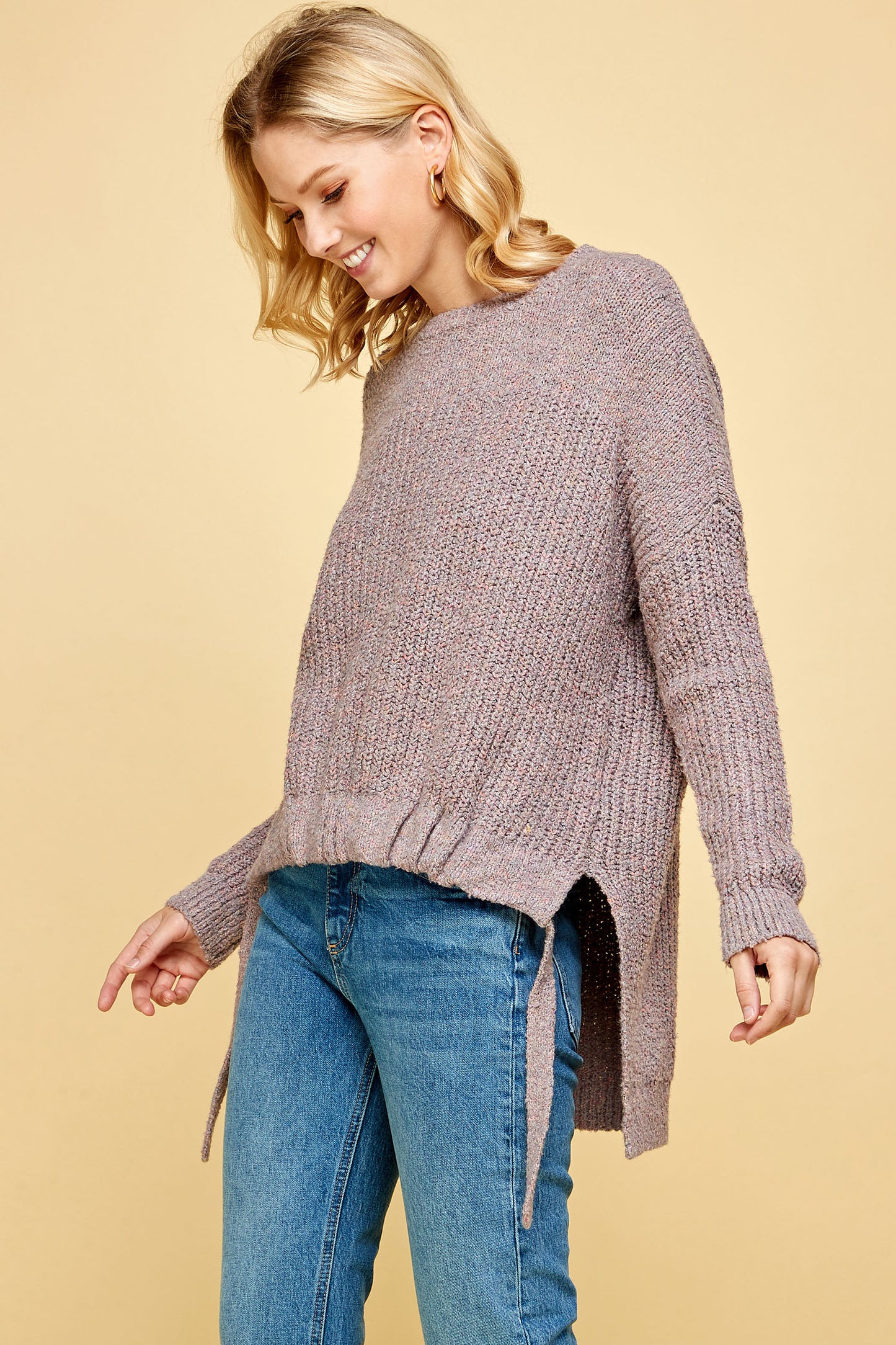 THICK KNIT HIGH LOW PULLOVER SWEATER IN PINK