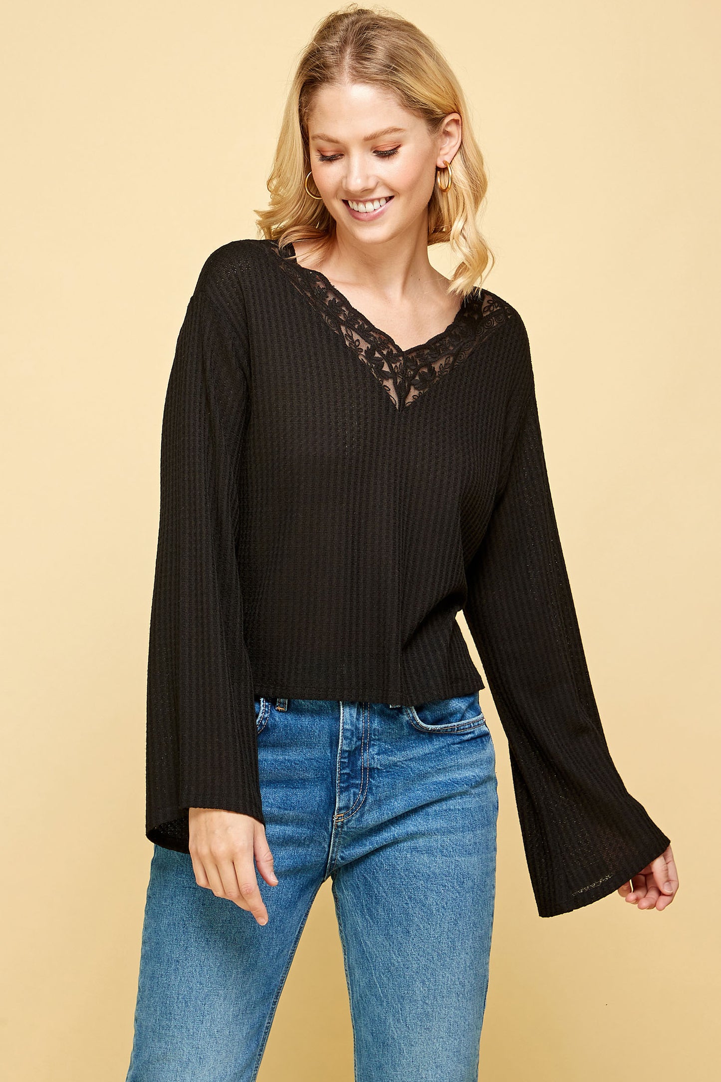 BLACK LONG SLEEVE WAFFLE TOP