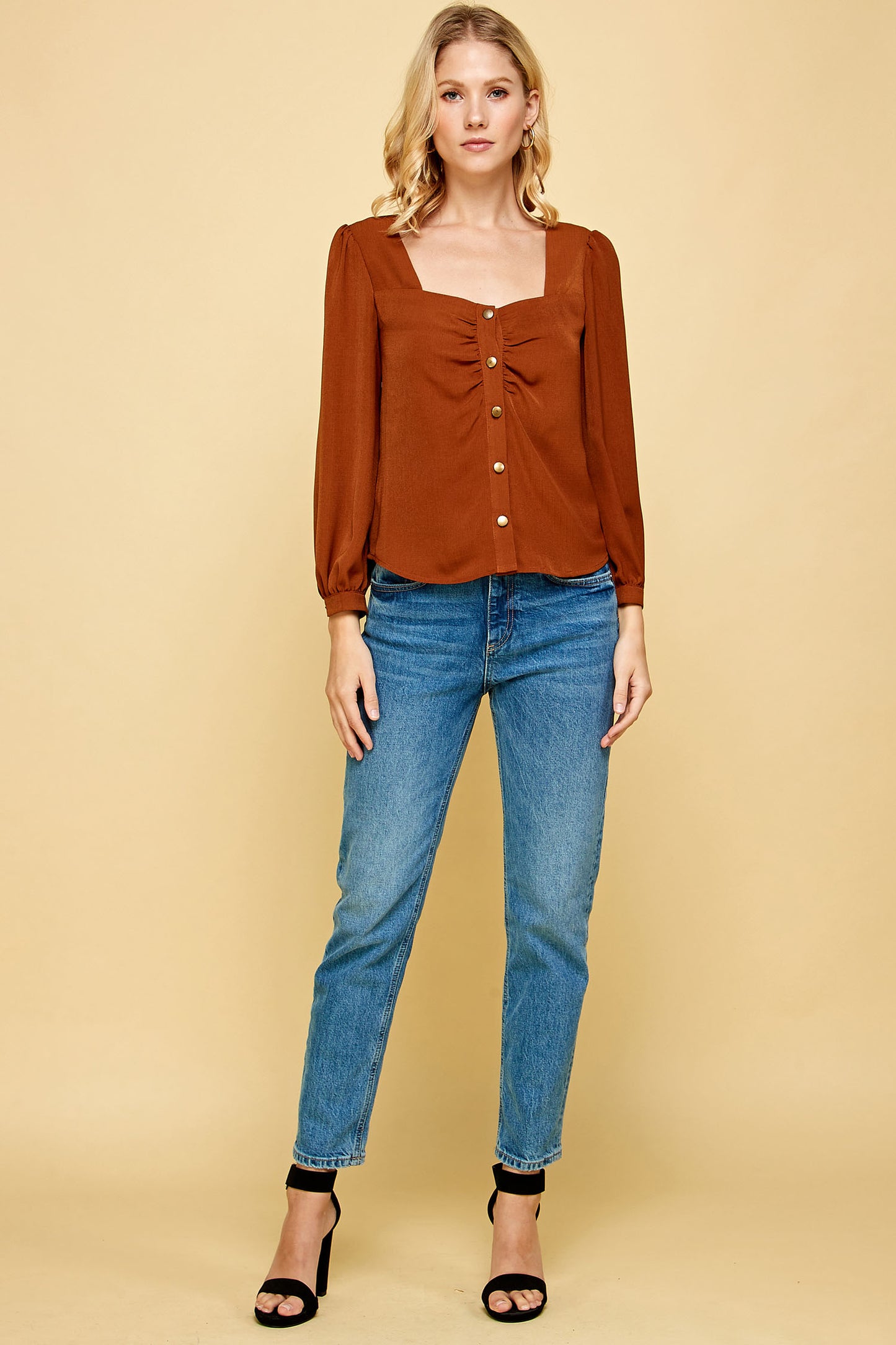 SILK LONG SLEEVE SHIRRED BUTTON DOWN TOP