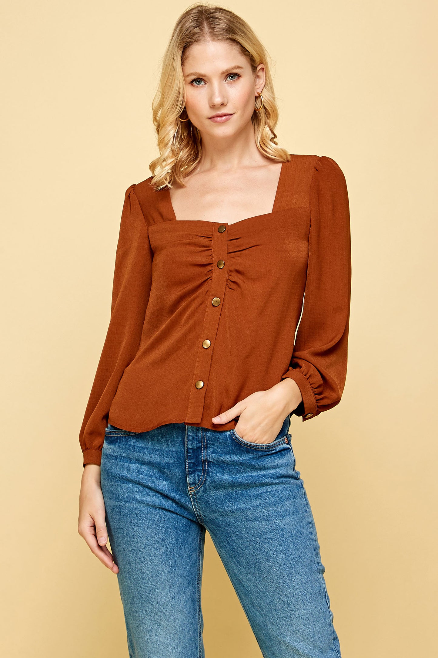 SILK LONG SLEEVE SHIRRED BUTTON DOWN TOP