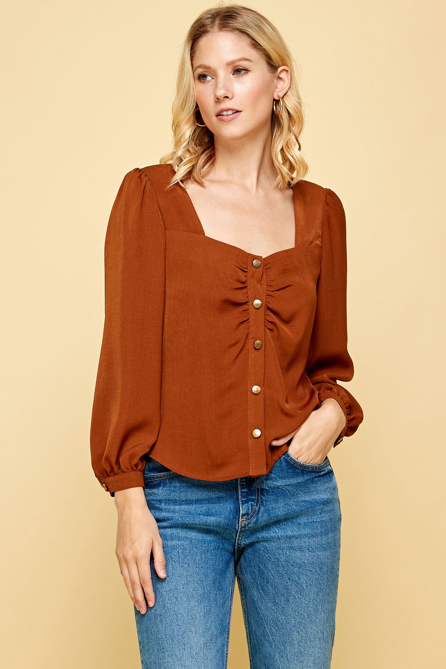 SILK LONG SLEEVE SHIRRED BUTTON DOWN TOP