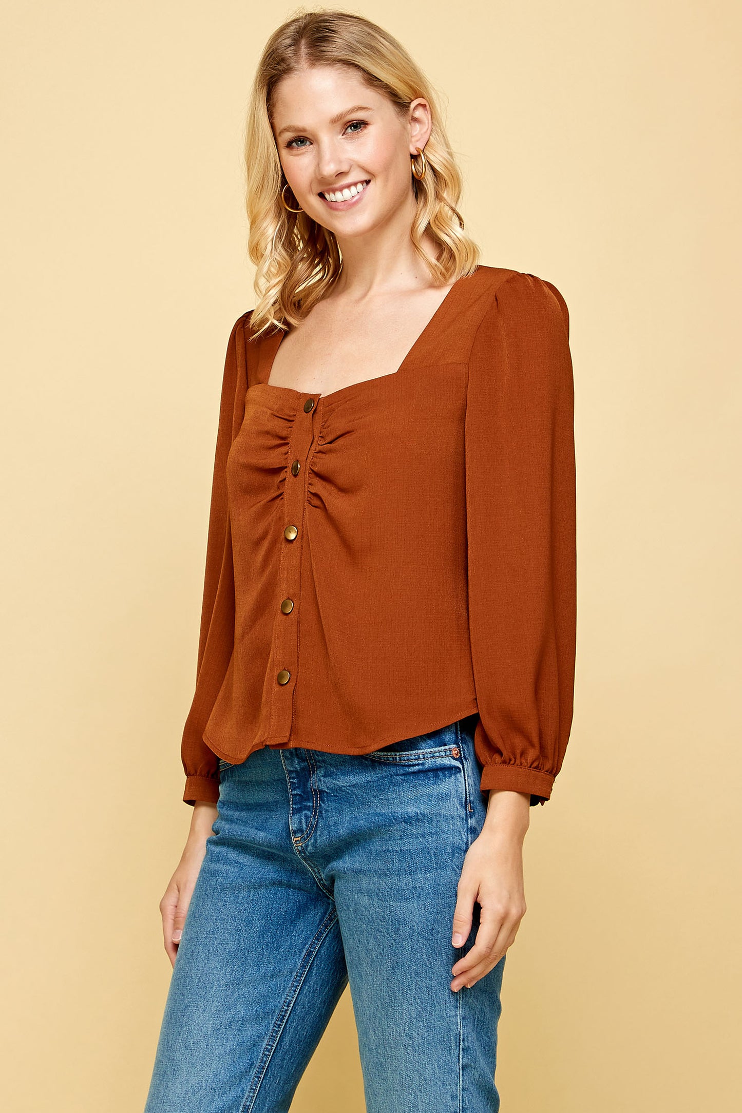 SILK LONG SLEEVE SHIRRED BUTTON DOWN TOP