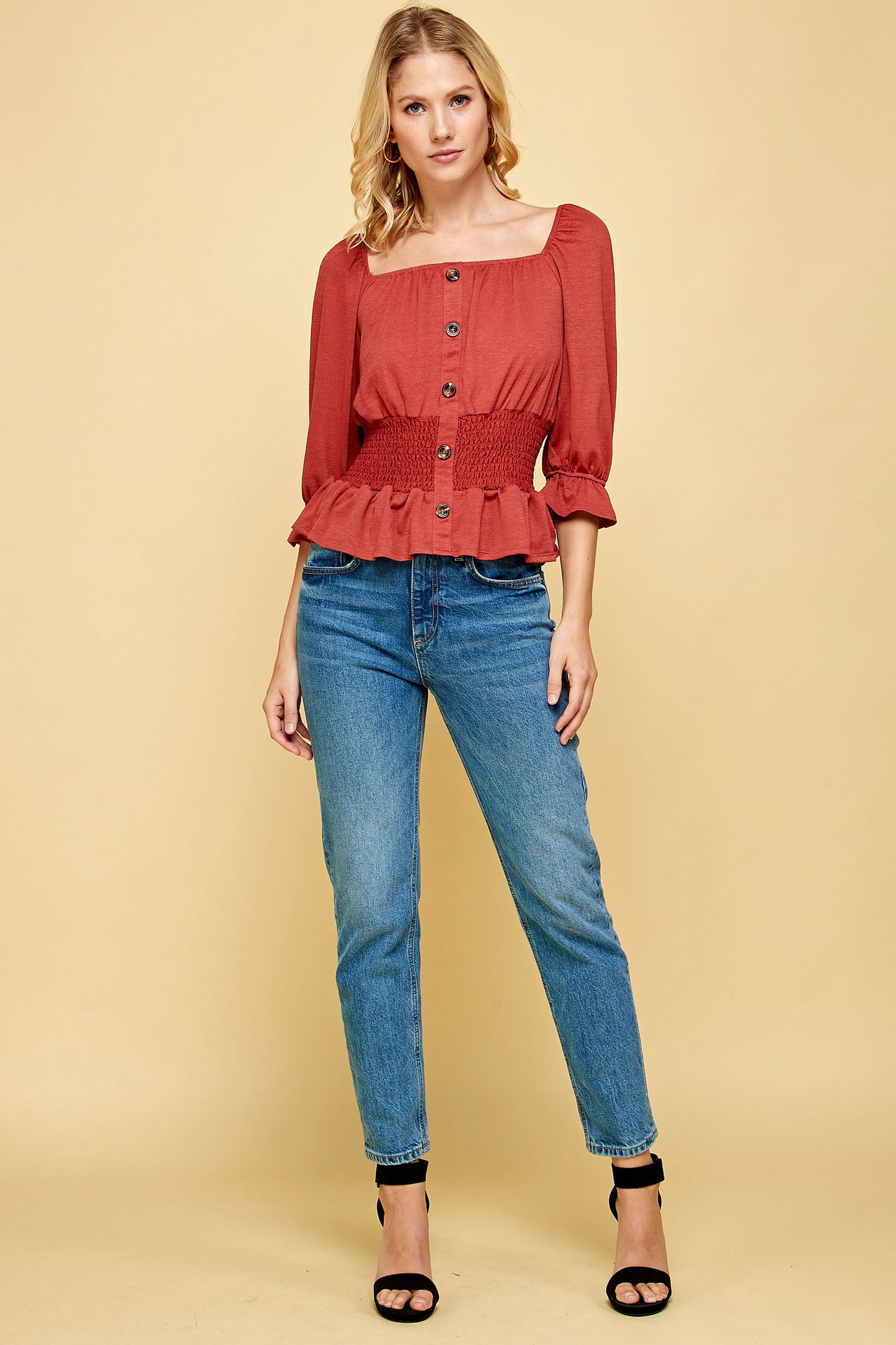 BUTTON DOWN SMOCKED PEPLUM TOP IN RUST