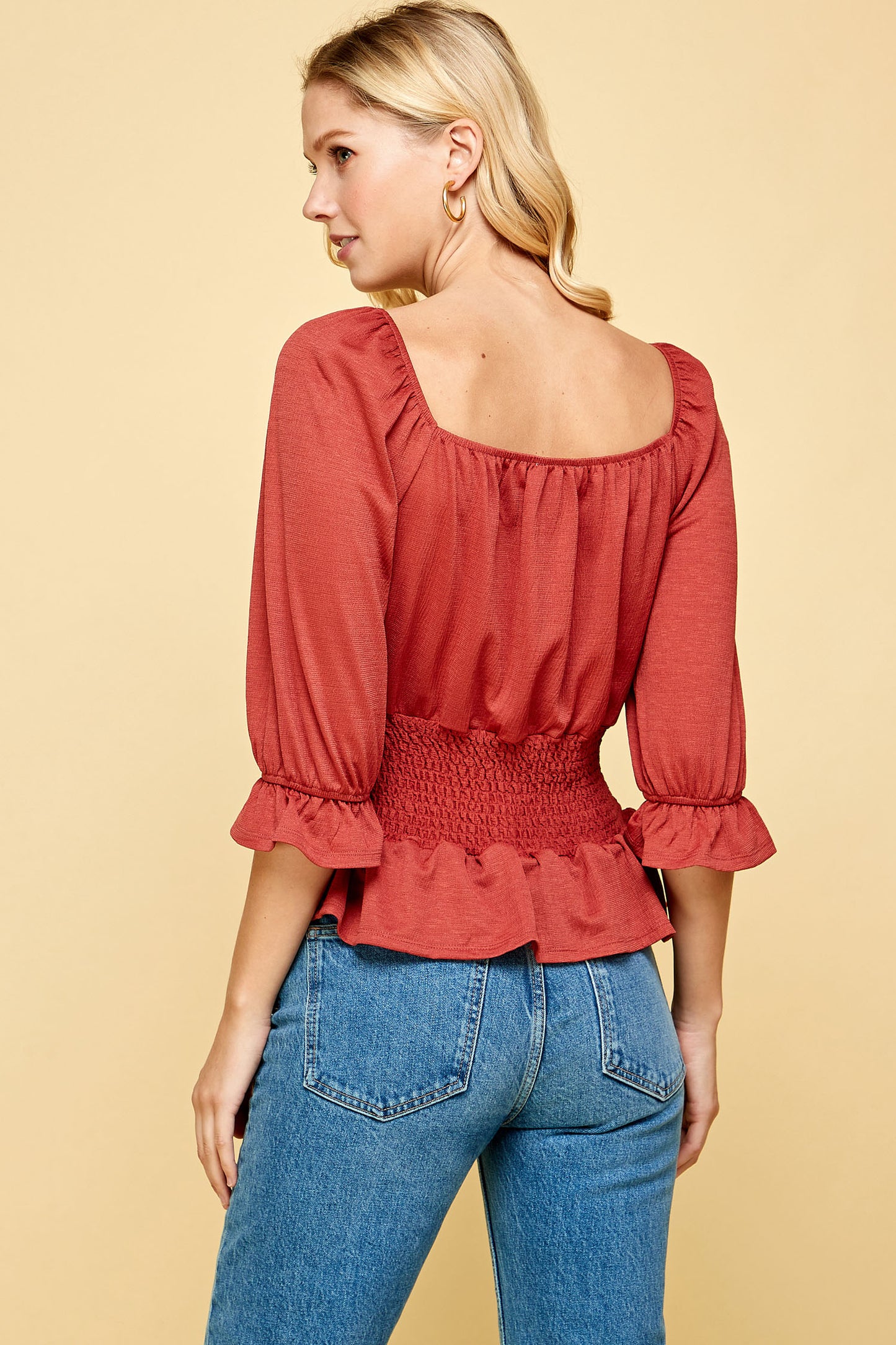 BUTTON DOWN SMOCKED PEPLUM TOP IN RUST