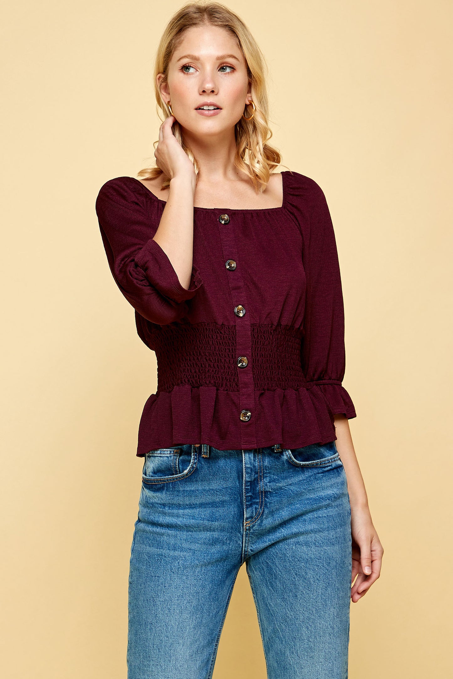 BUTTON DOWN SMOCKED PEPLUM TOP IN MERLOT