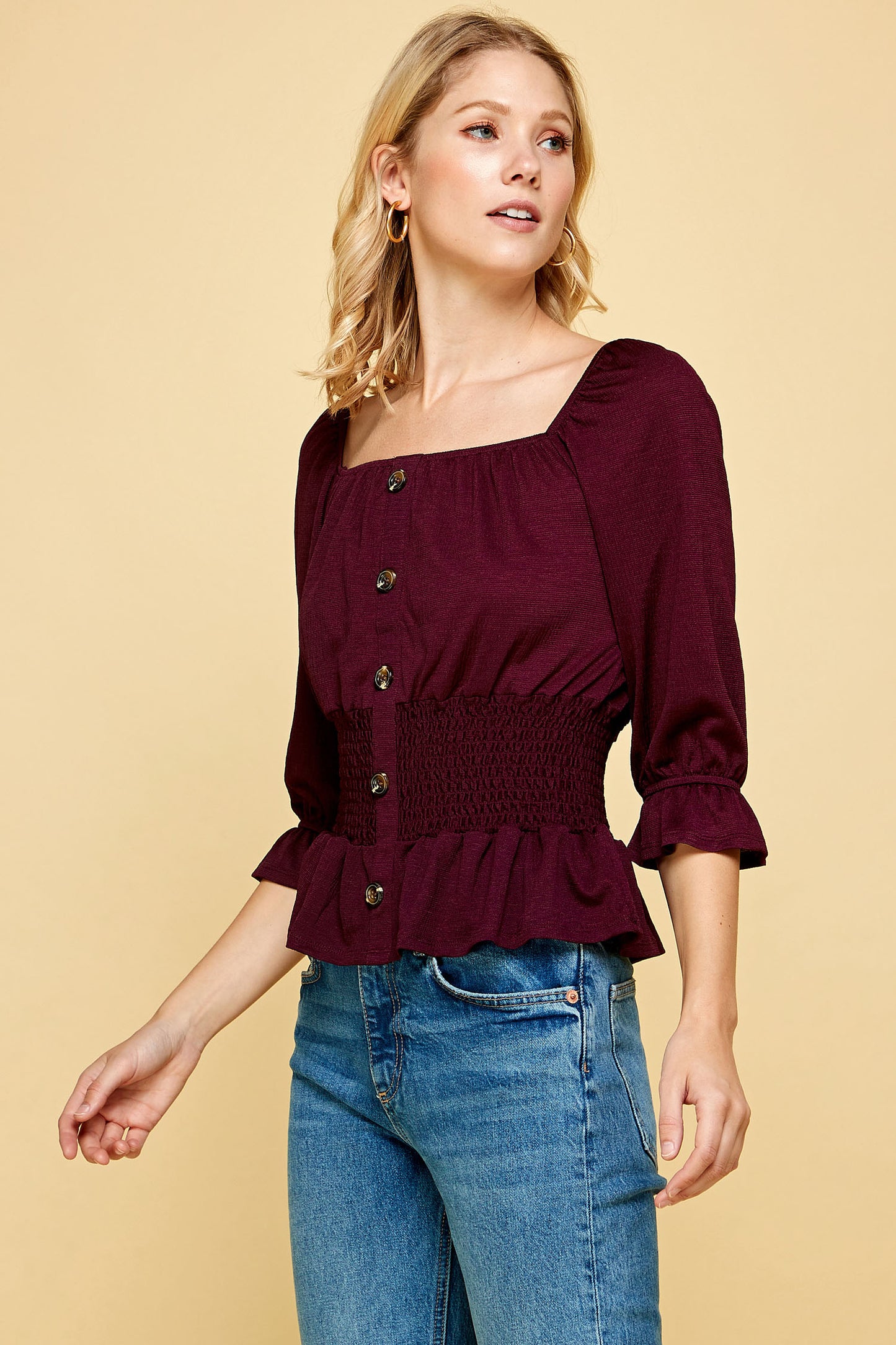 BUTTON DOWN SMOCKED PEPLUM TOP IN MERLOT