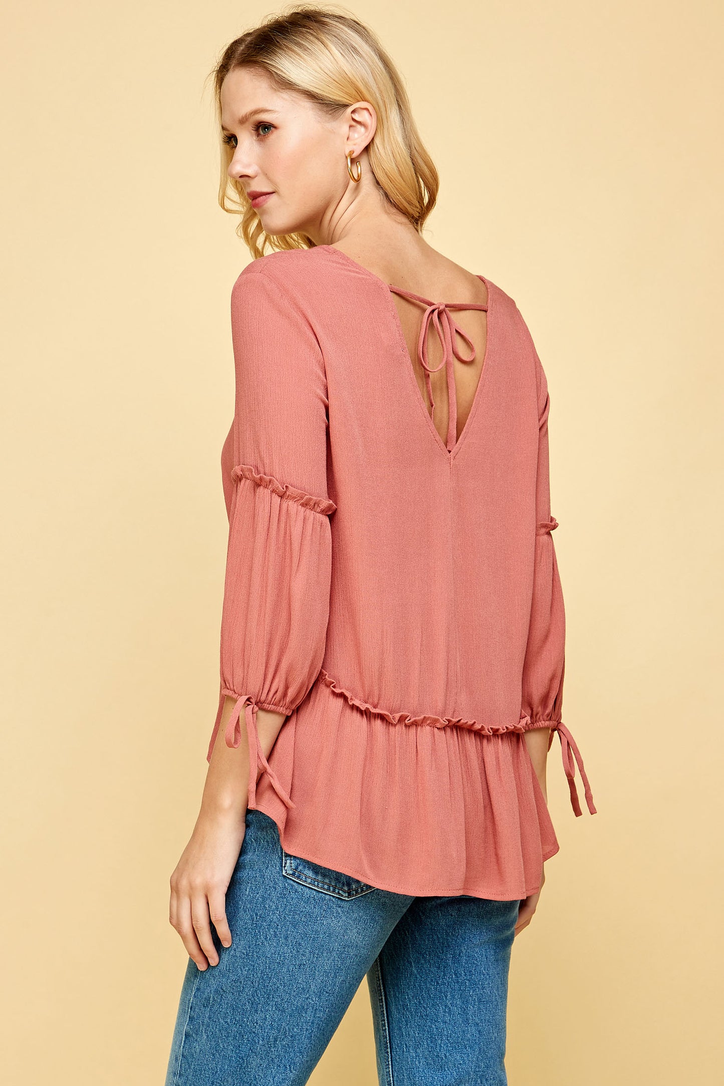 QUARTER SLEEVE TIERED PEASANT TOP IN PINK