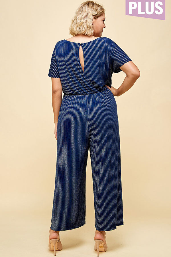 PLUS SIZE SILVER STRIPE FRONT TIE JUMPSUIT