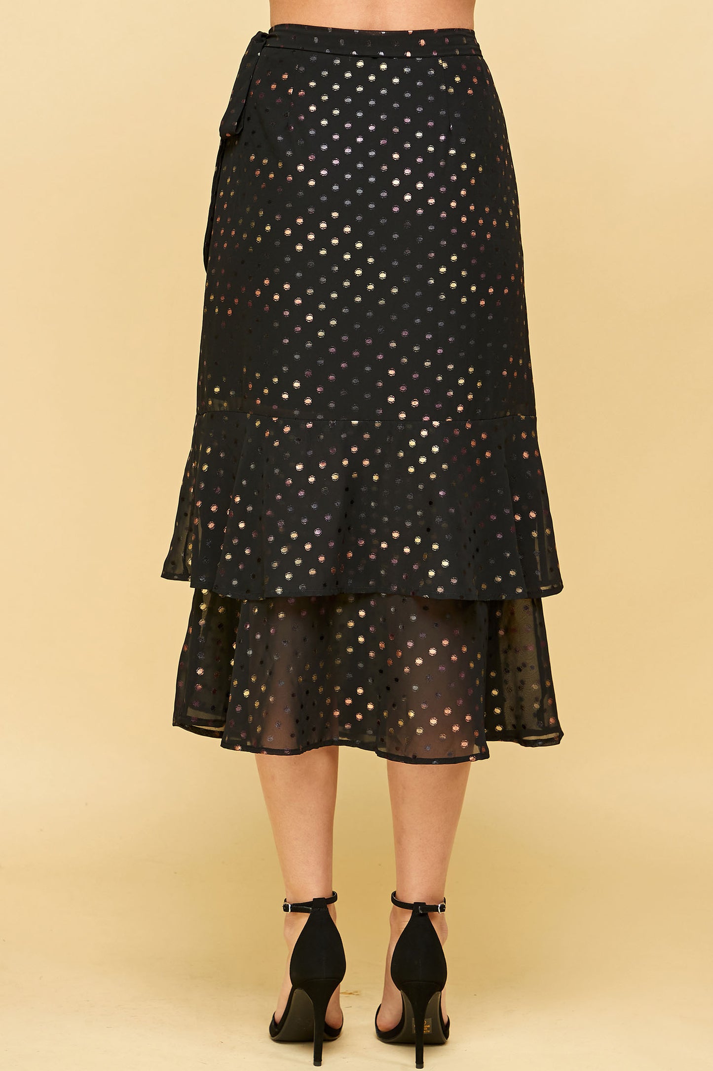 HIGH WAISTED TIERED DOT WRAP MIDI SKIRT