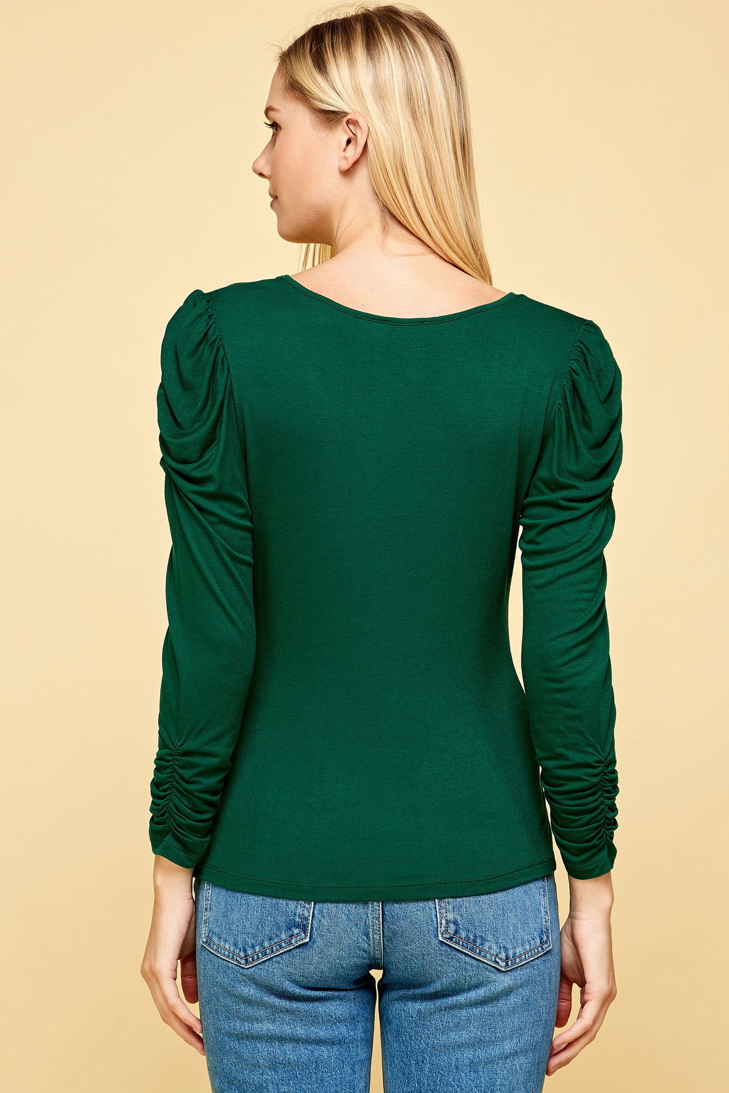 LONG SLEEVE SHIRRED SCOOP NECK TOP