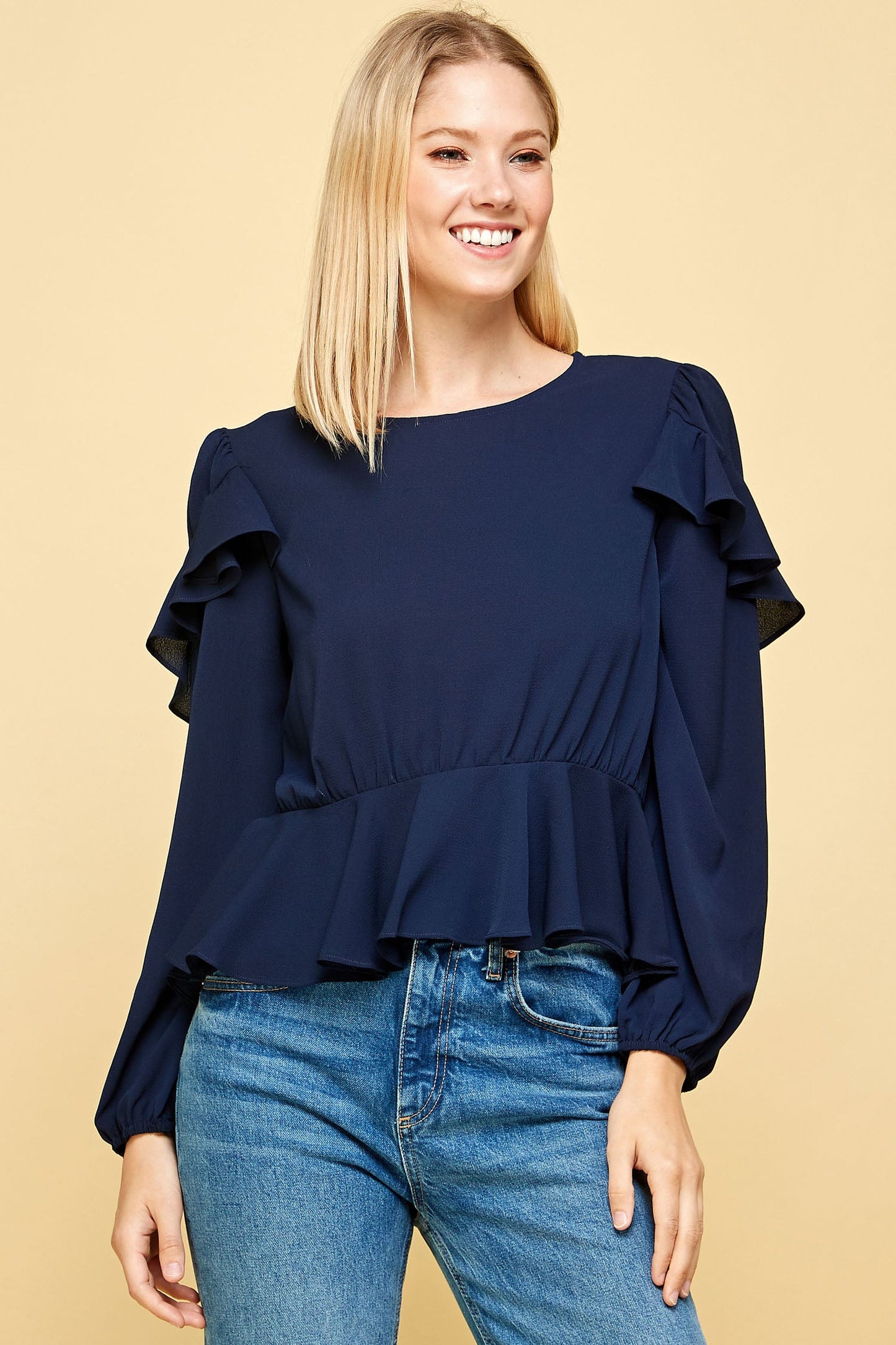 RUFFLED DETAIL PEPLUM TOP IN EMERALD