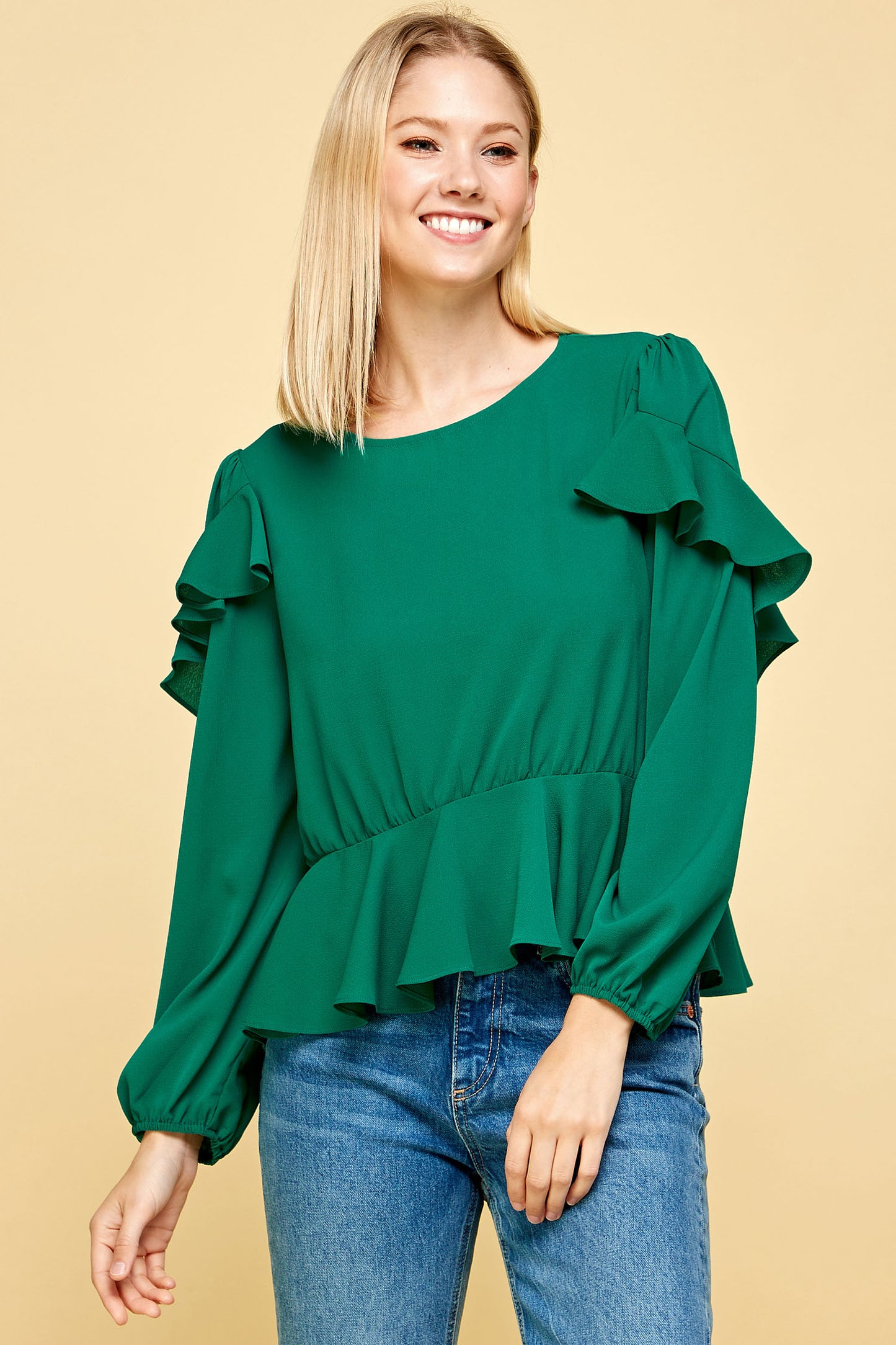 RUFFLED DETAIL PEPLUM TOP IN PURPLE