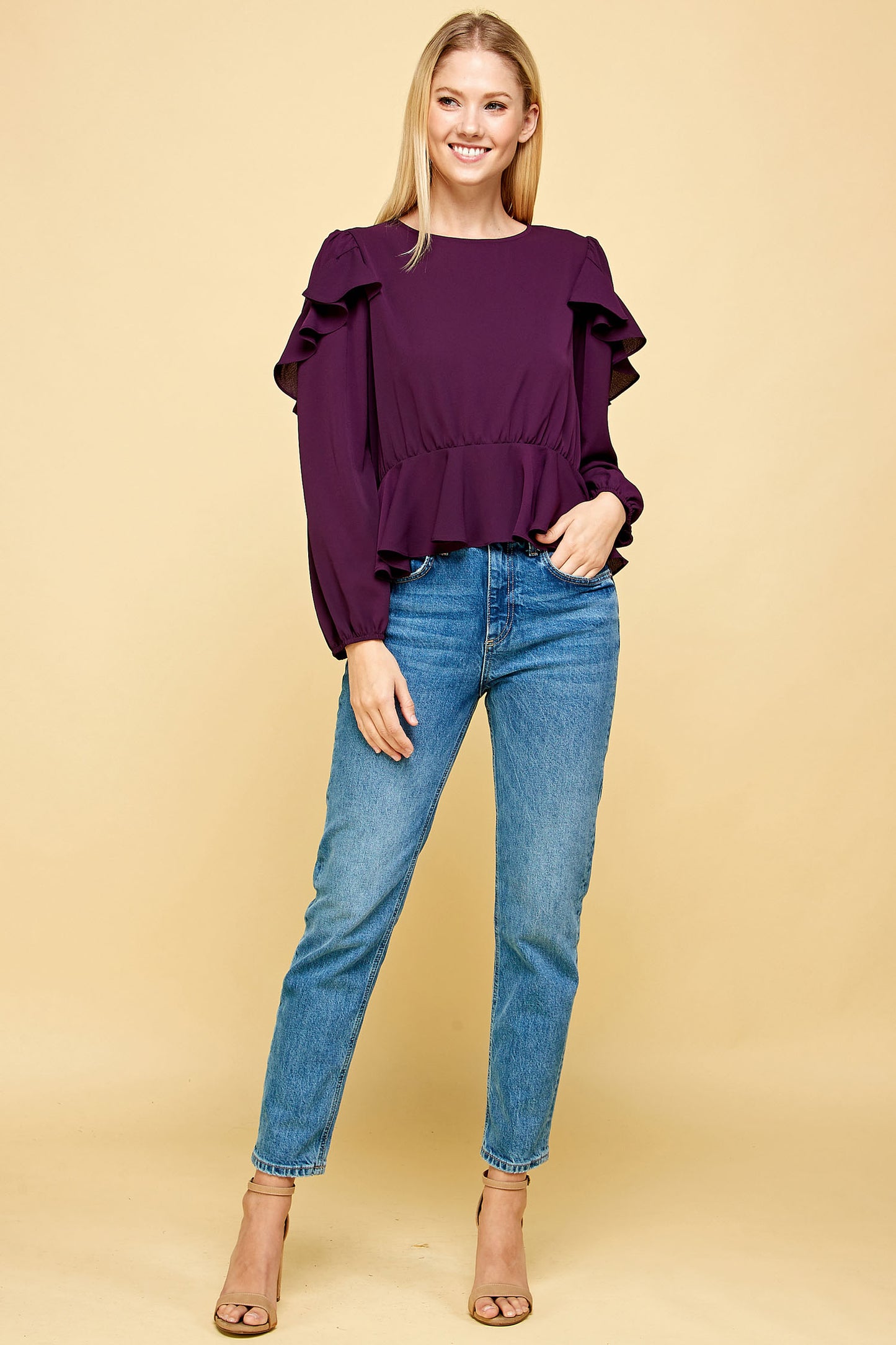 RUFFLED DETAIL PEPLUM TOP IN PURPLE