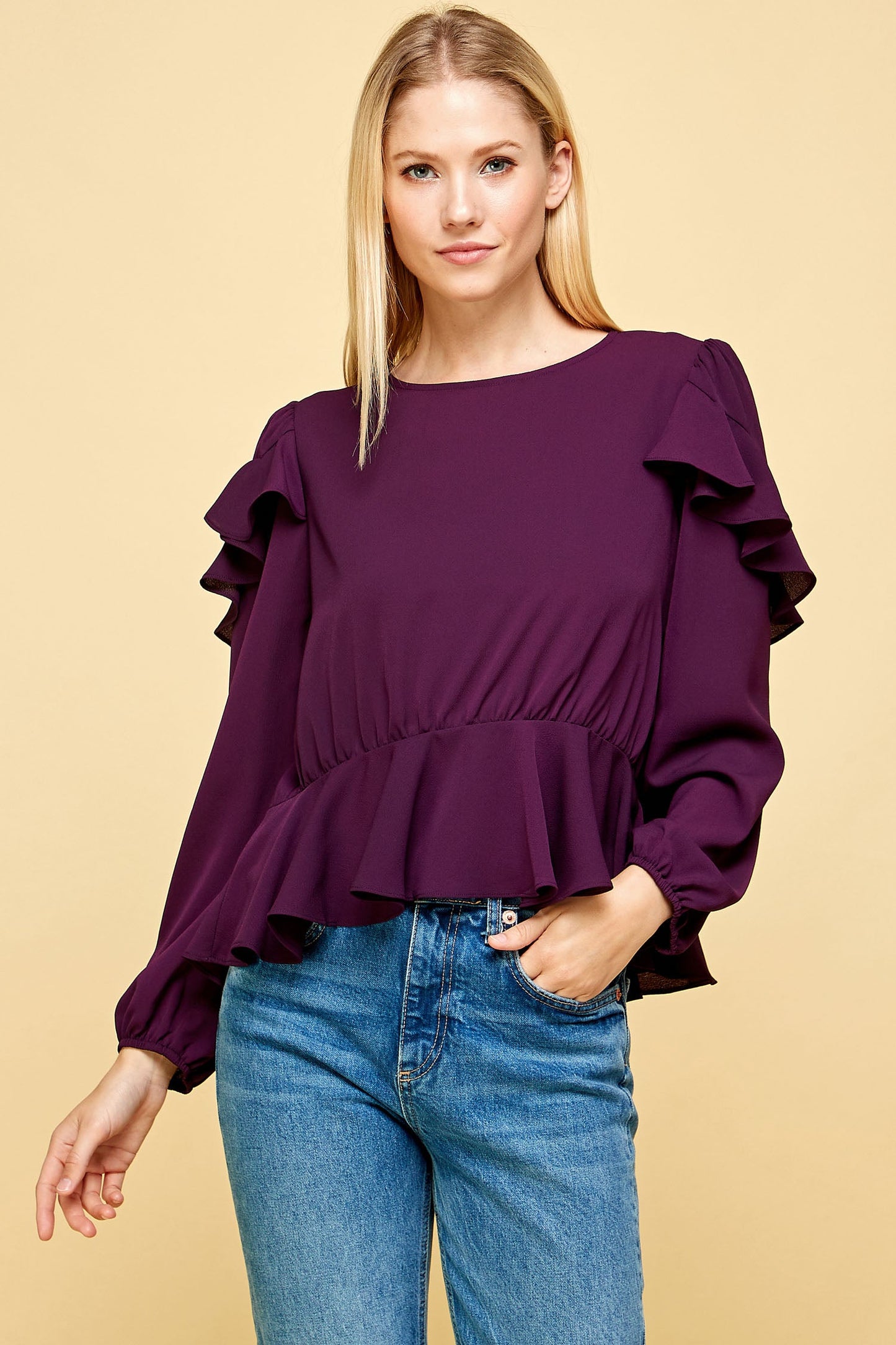 RUFFLED DETAIL PEPLUM TOP IN EMERALD