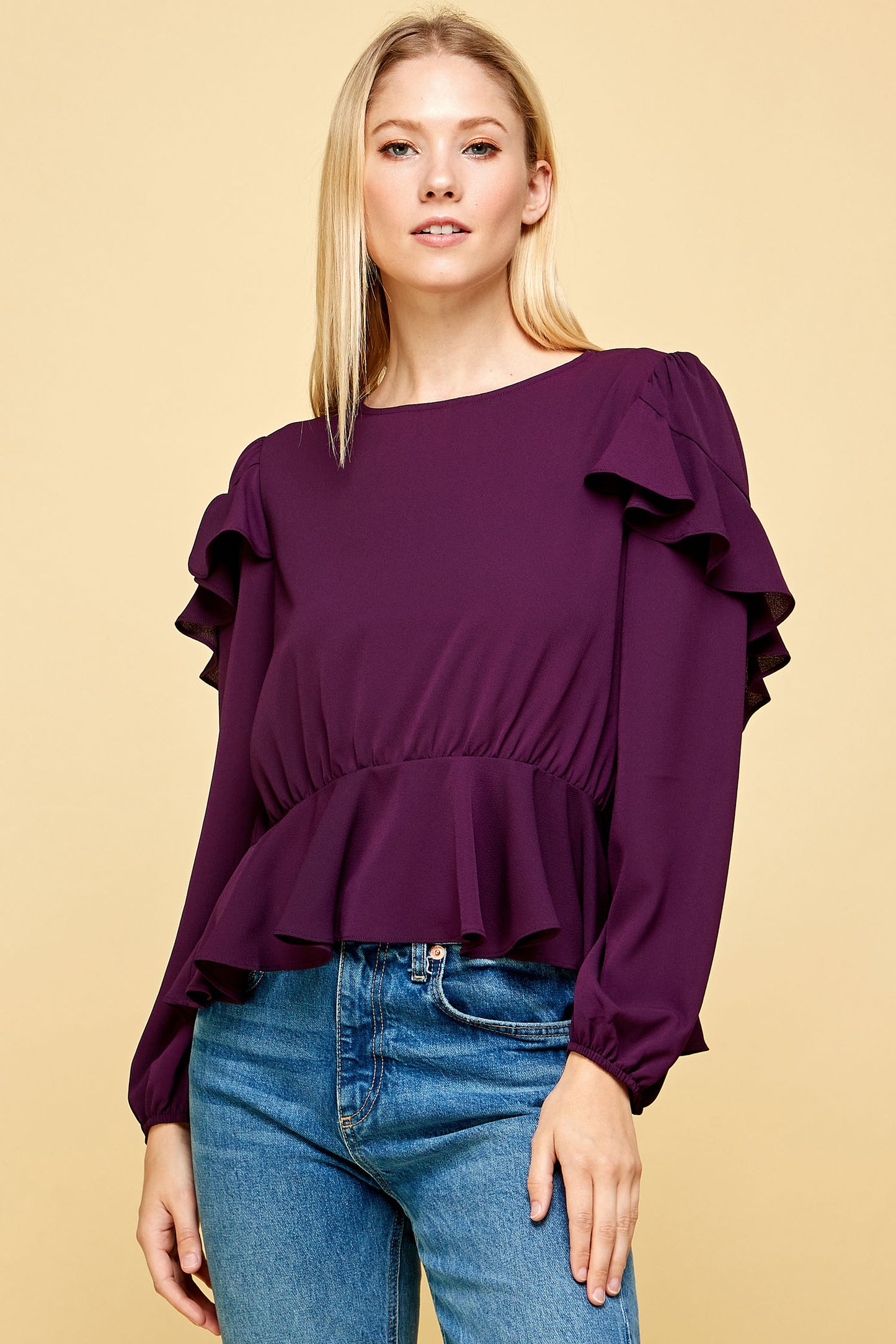 RUFFLED DETAIL PEPLUM TOP IN PURPLE