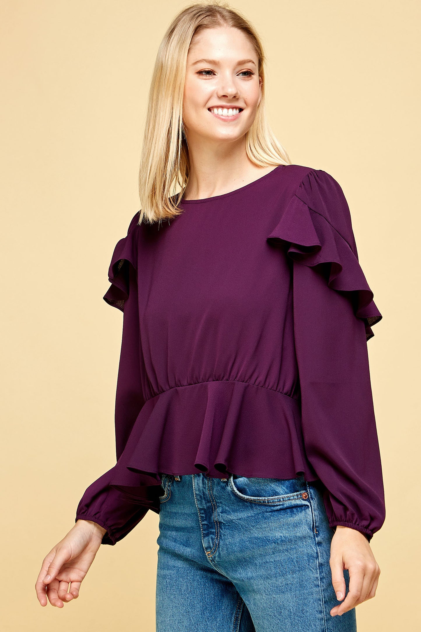 RUFFLED DETAIL PEPLUM TOP IN PURPLE