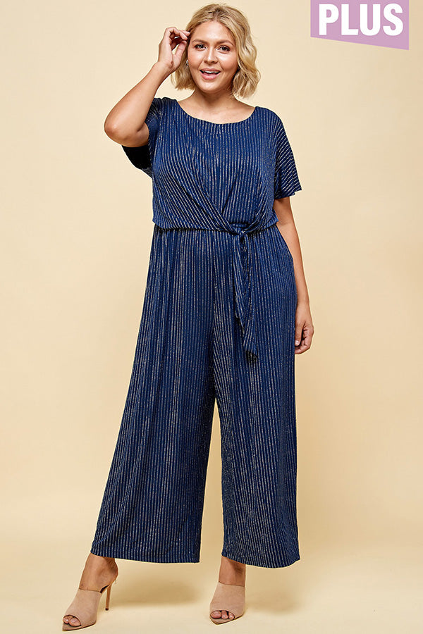 PLUS SIZE SILVER STRIPE FRONT TIE JUMPSUIT