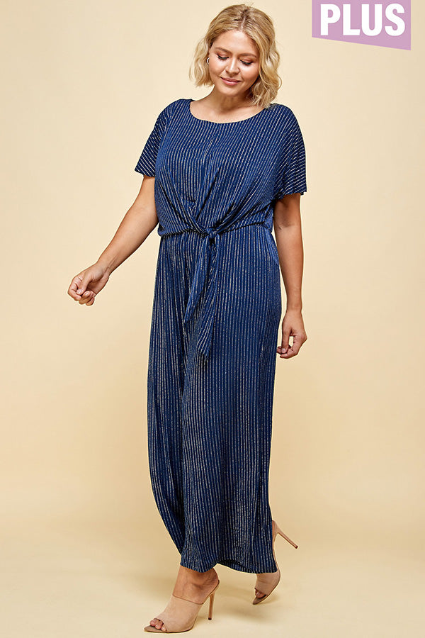 PLUS SIZE SILVER STRIPE FRONT TIE JUMPSUIT