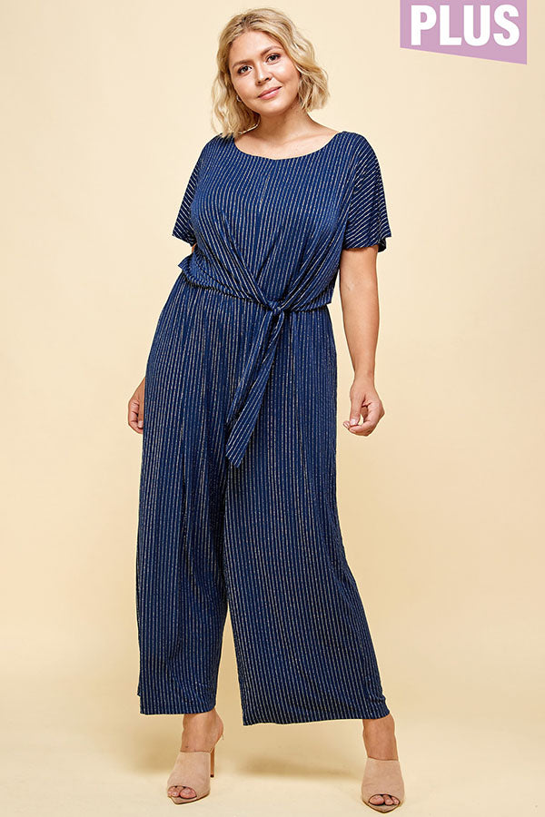 PLUS SIZE SILVER STRIPE FRONT TIE JUMPSUIT