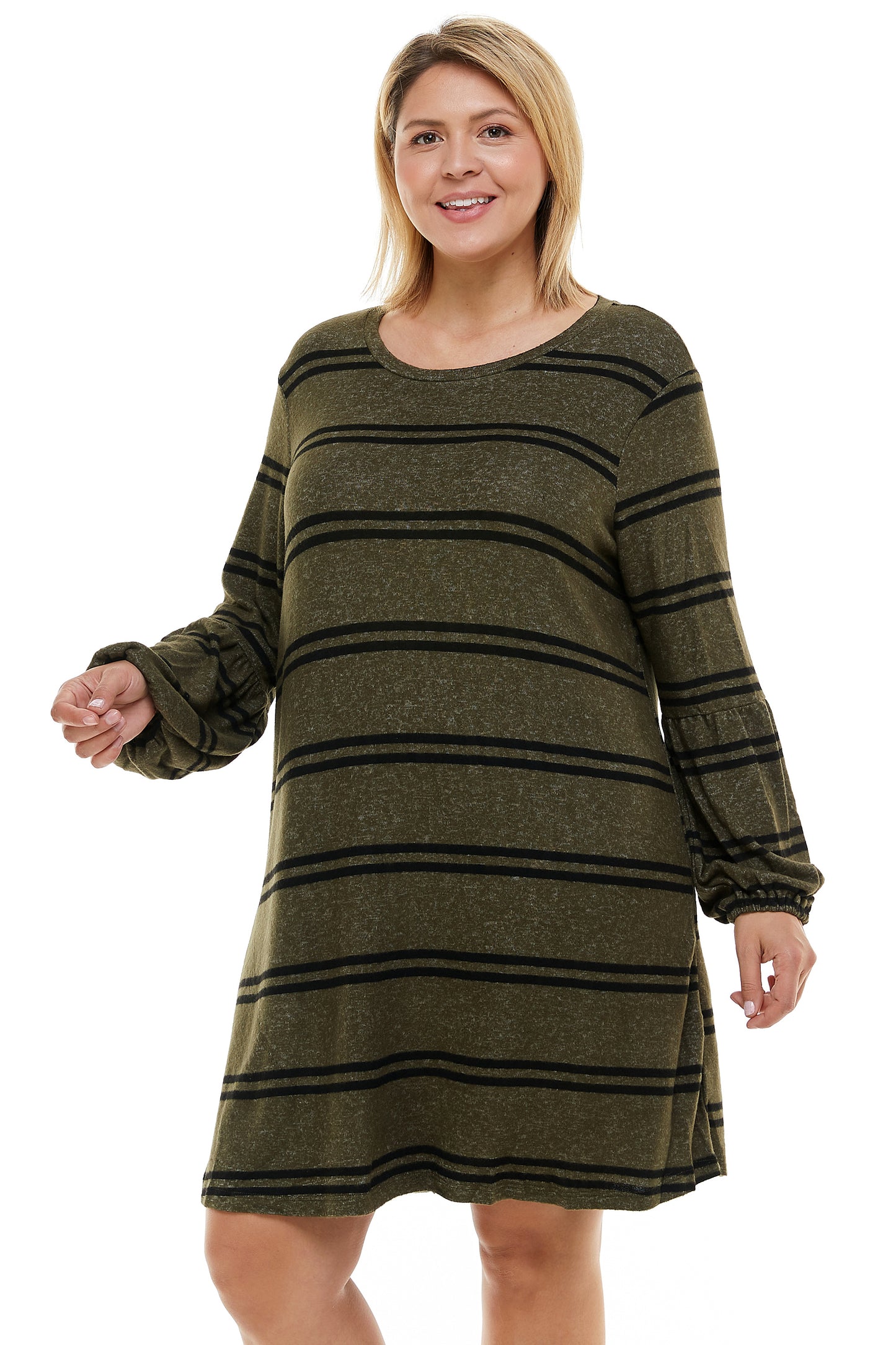 GREY STRIPED COZY PLUS SIZE MINI DRESS