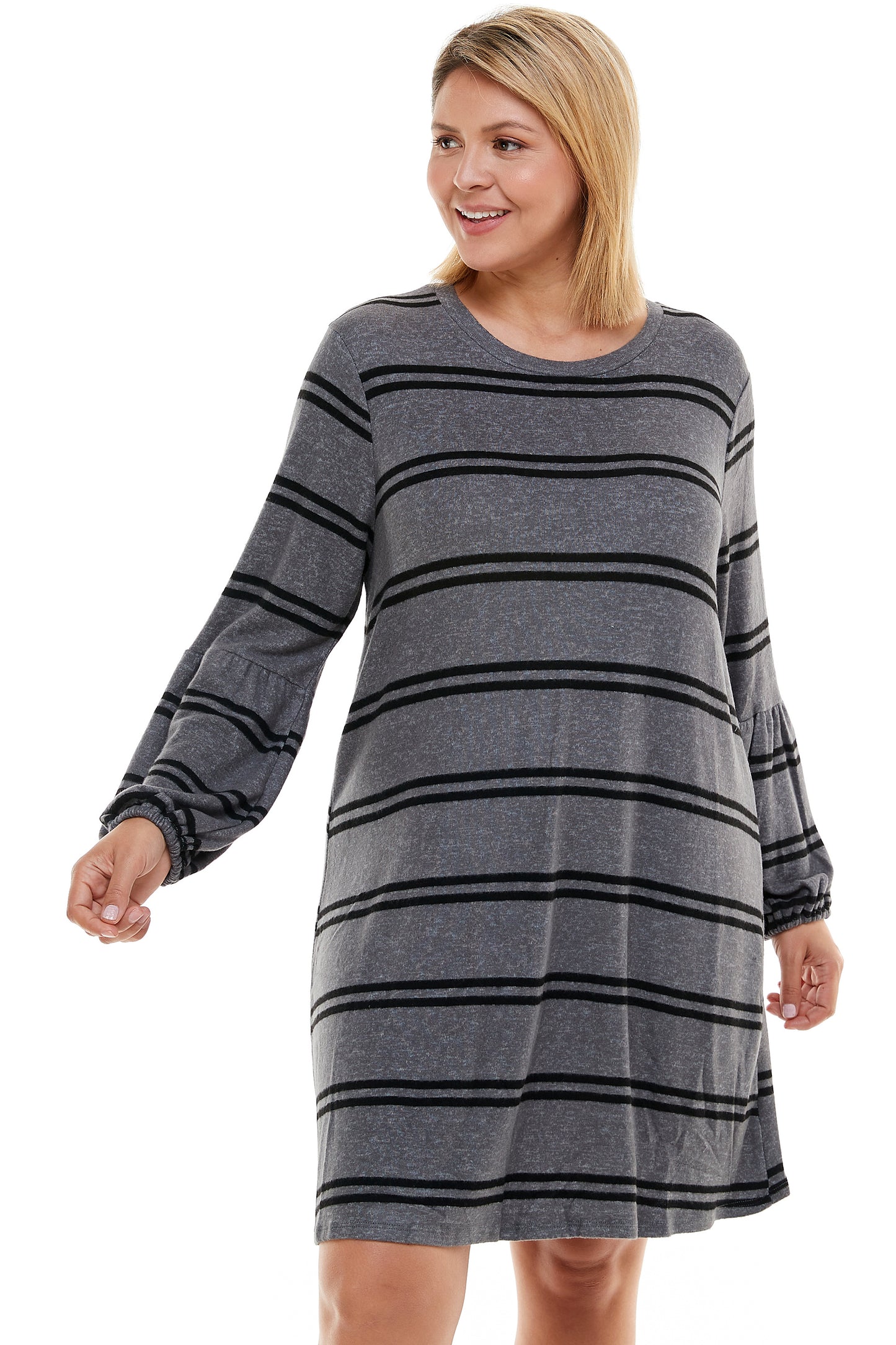 GREY STRIPED COZY PLUS SIZE MINI DRESS