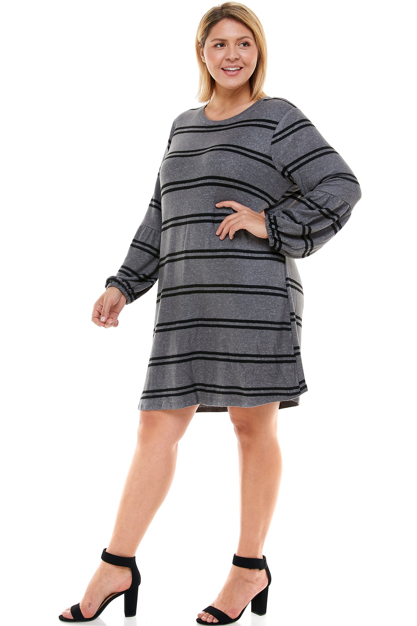 GREY STRIPED COZY PLUS SIZE MINI DRESS