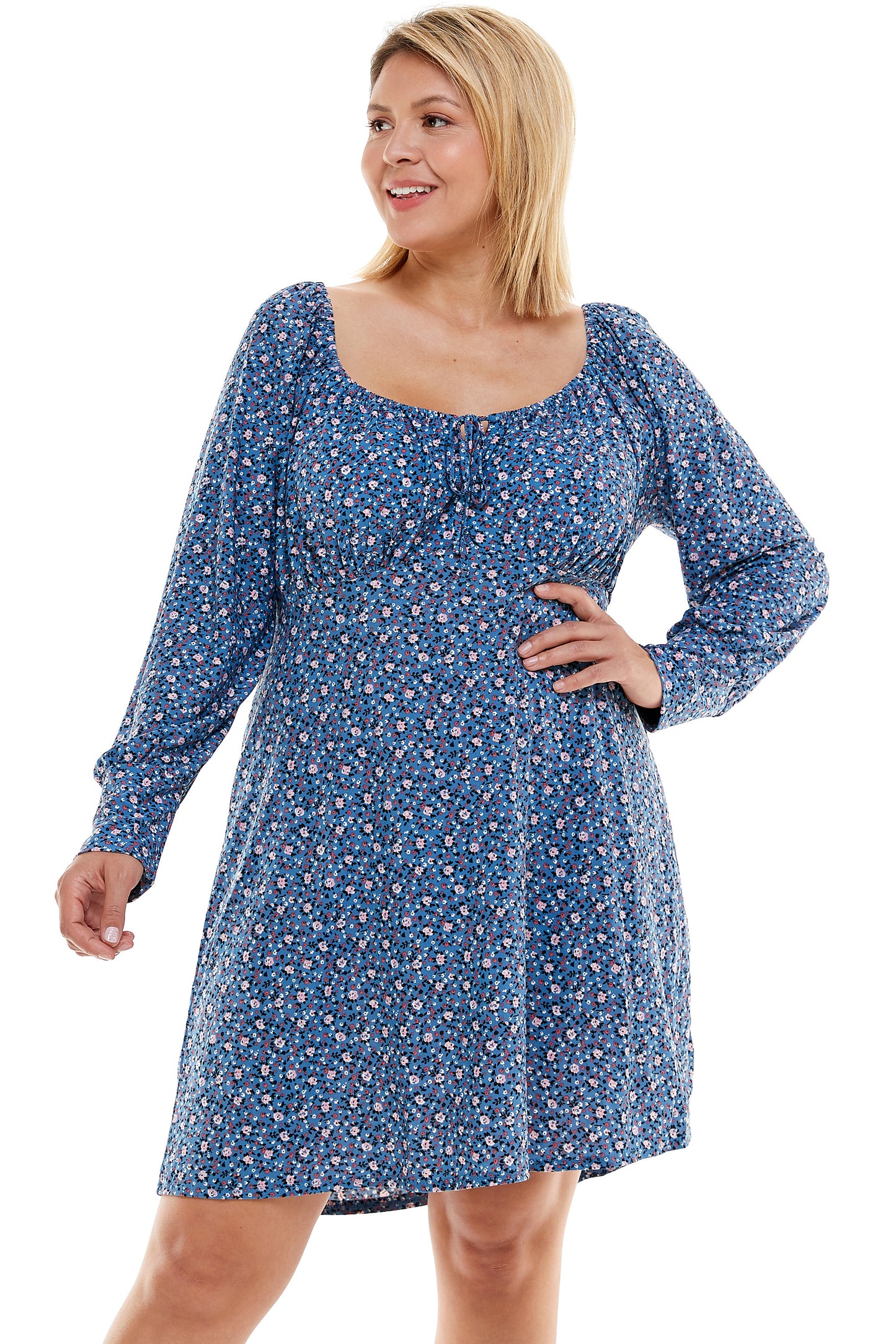 PLUS SIZE FLORAL DRESS WITH NECK TIE