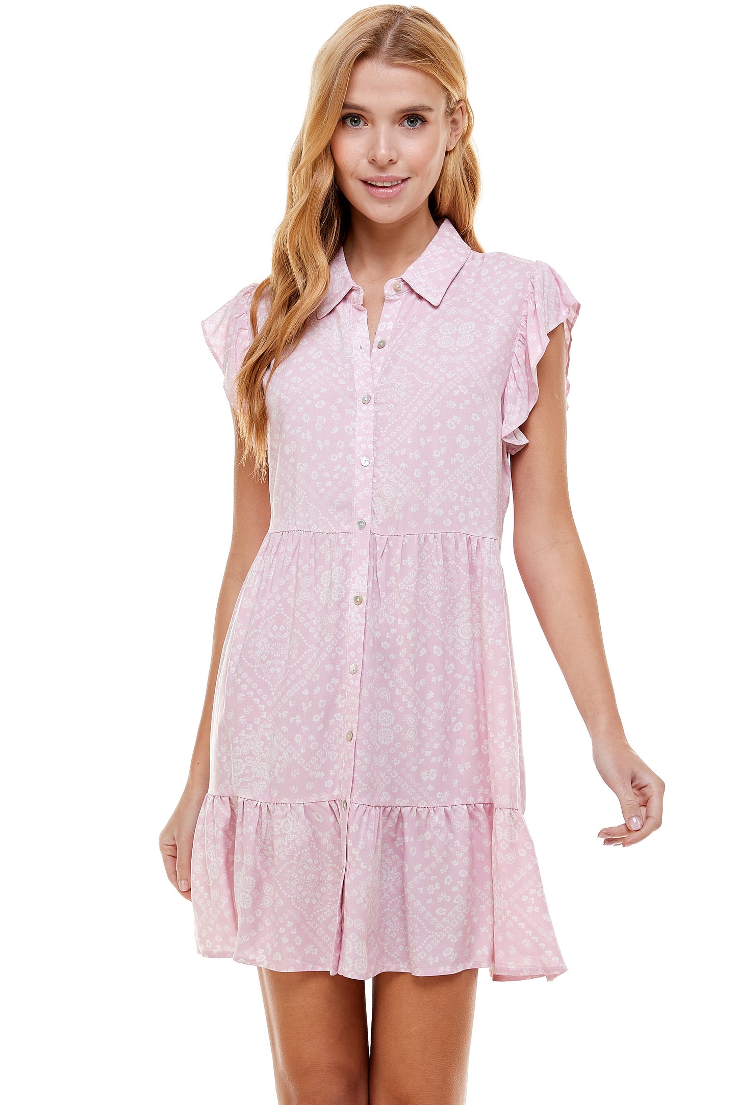 PINK PAISLEY TIERED RUFFLE SHIRT DRESS