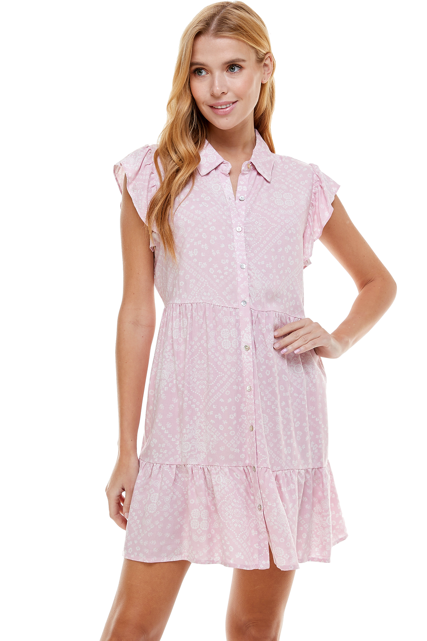 PINK PAISLEY TIERED RUFFLE SHIRT DRESS