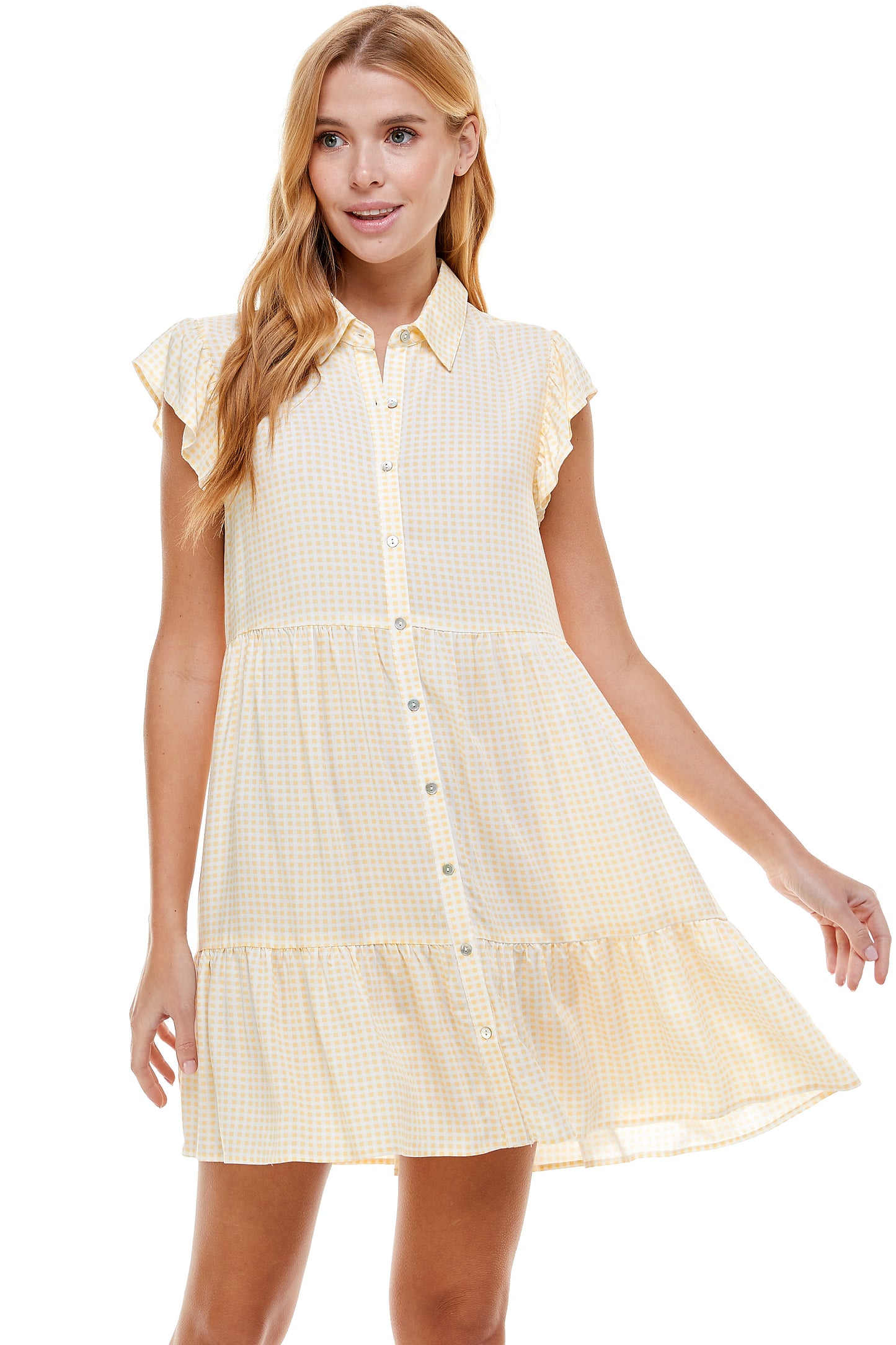 GINGHAM TIERED RUFFLE SHIRT DRESS