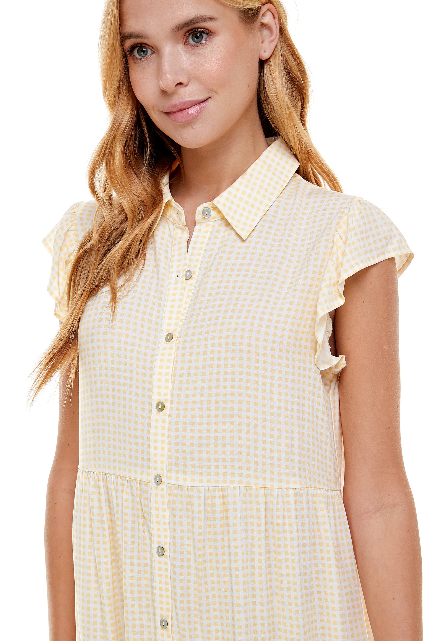 GINGHAM TIERED RUFFLE SHIRT DRESS