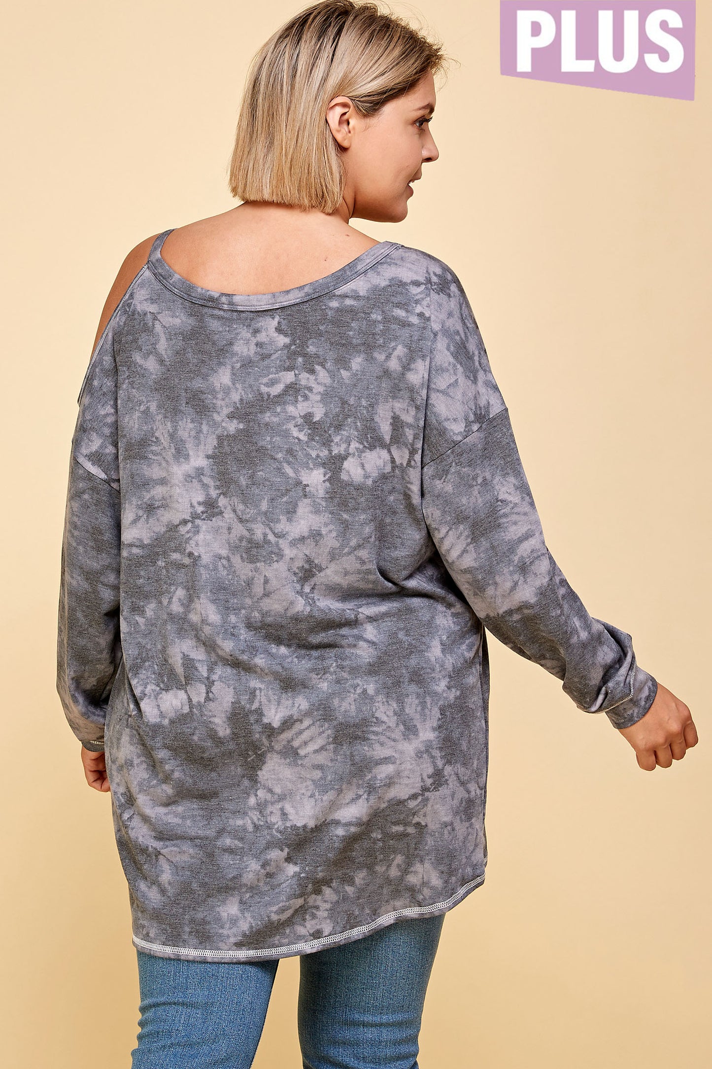 PLUS SIZE COLD SHOULDER TIE DYE SWEATER