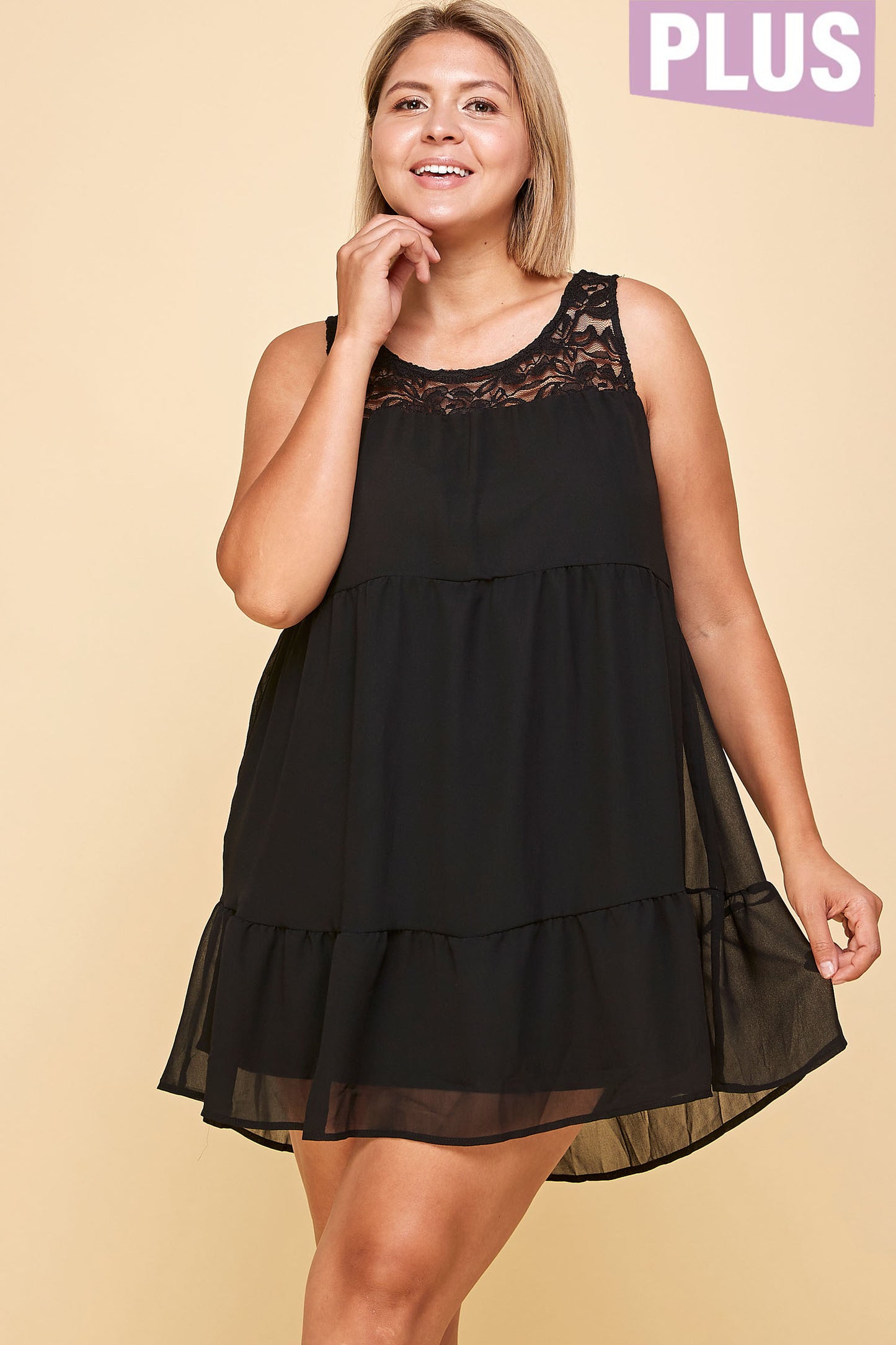 LAVENDER SLEEVELESS LACE PLUS SIZE TIERED MINI DRESS