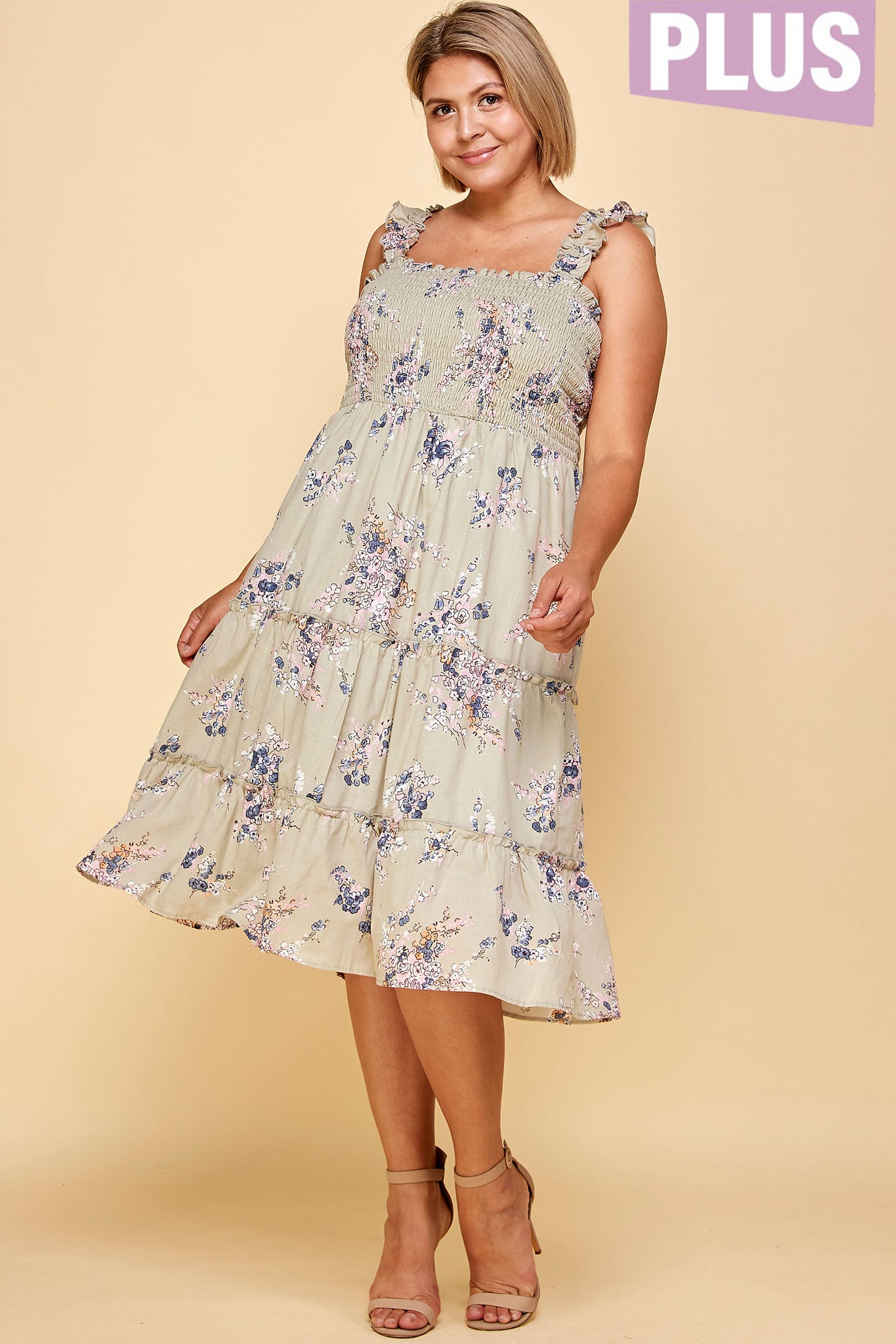 SAGE FLORAL SMOCKED PLUS SIZE MIDI DRESS