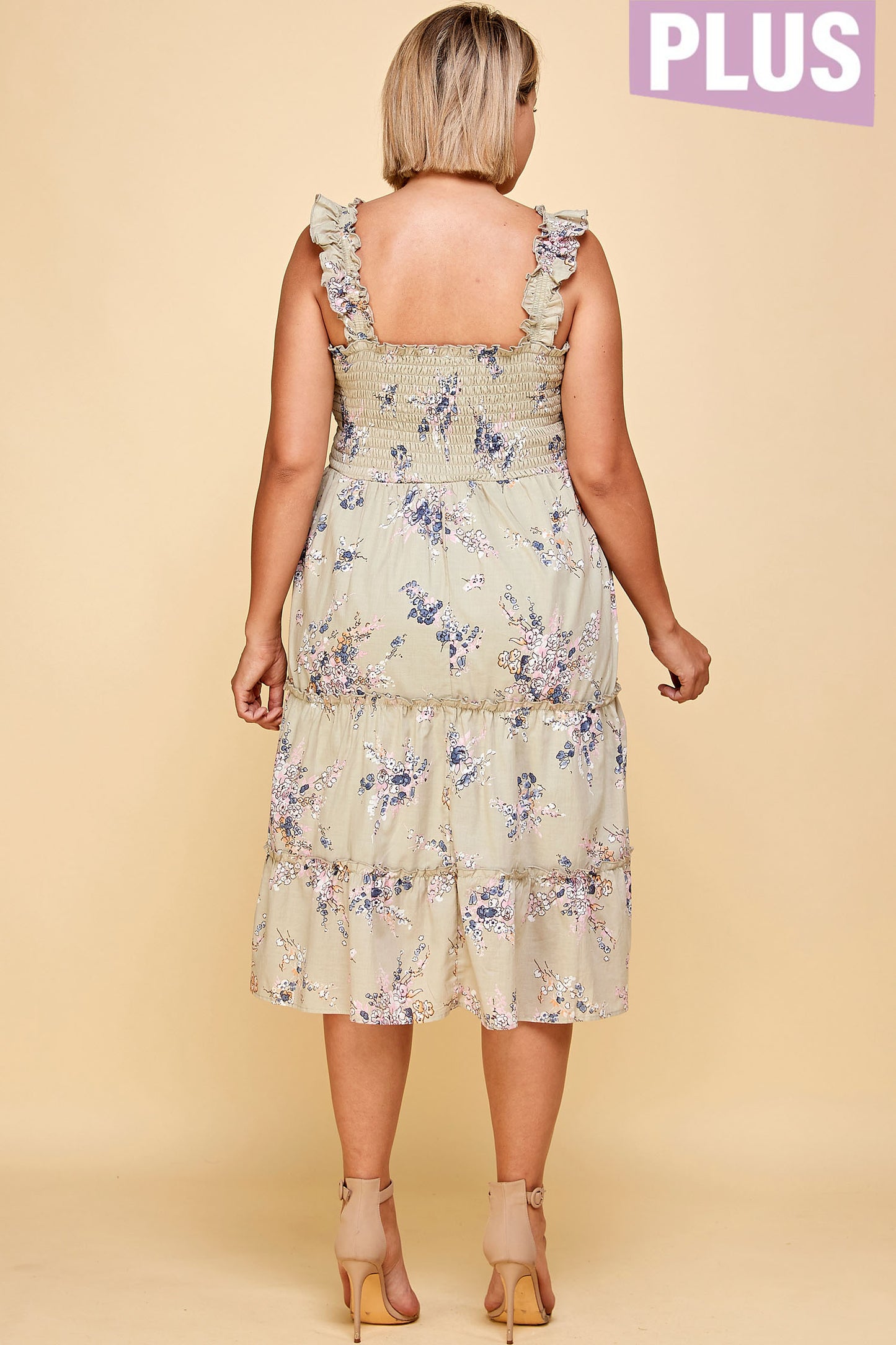 SAGE FLORAL SMOCKED PLUS SIZE MIDI DRESS