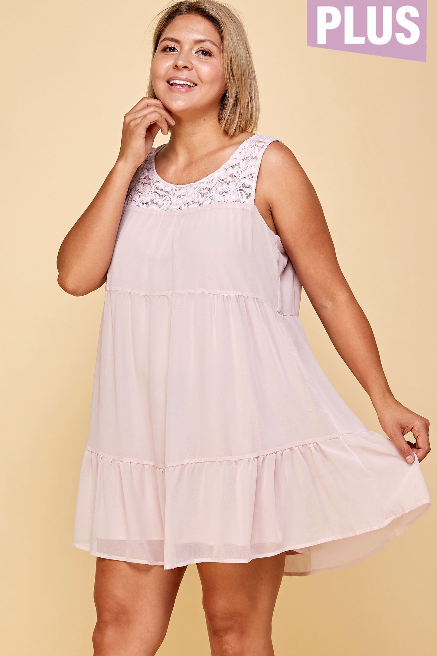 LAVENDER SLEEVELESS LACE PLUS SIZE TIERED MINI DRESS