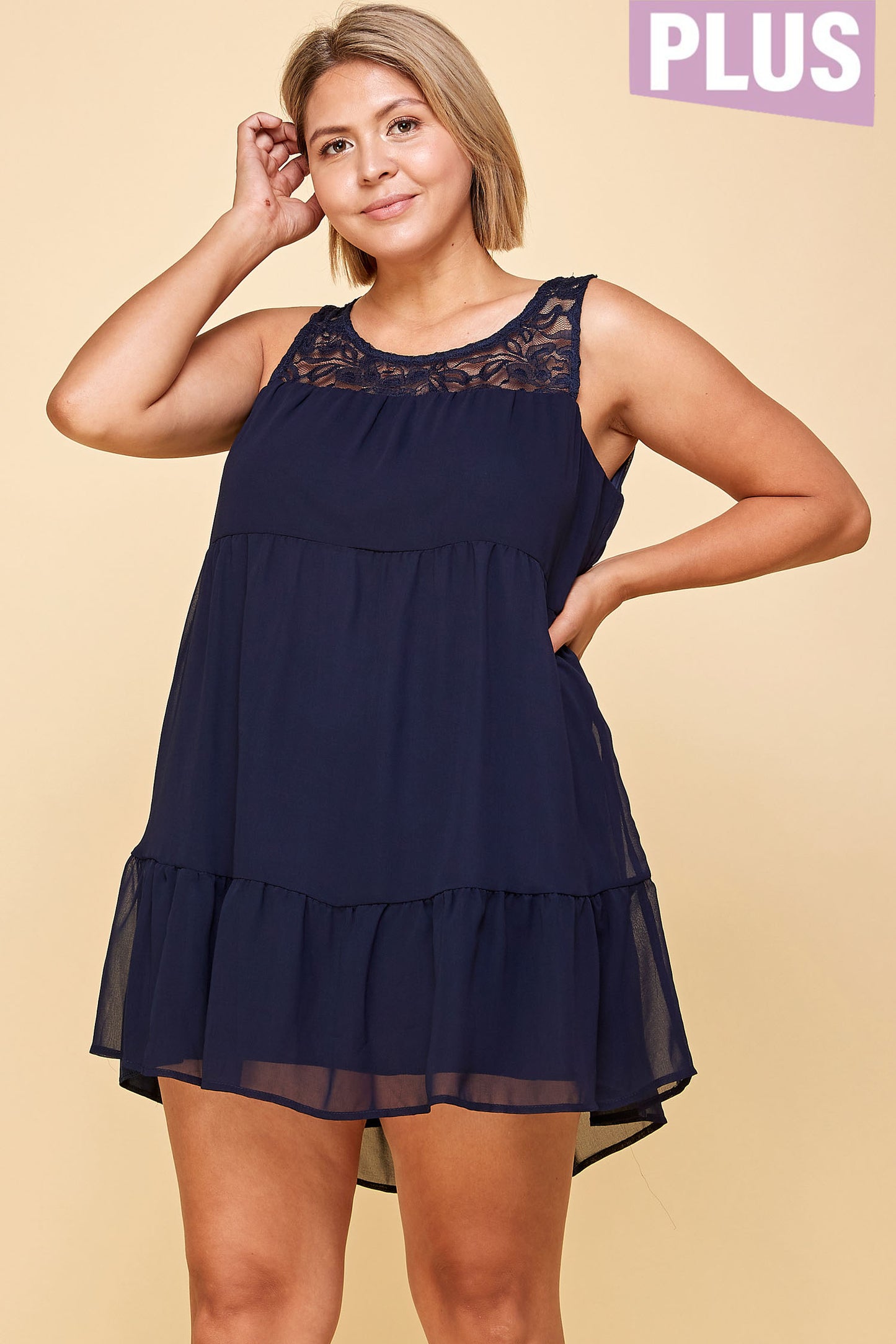 NAVY SLEEVELESS LACE PLUS SIZE TIERED MINI DRESS
