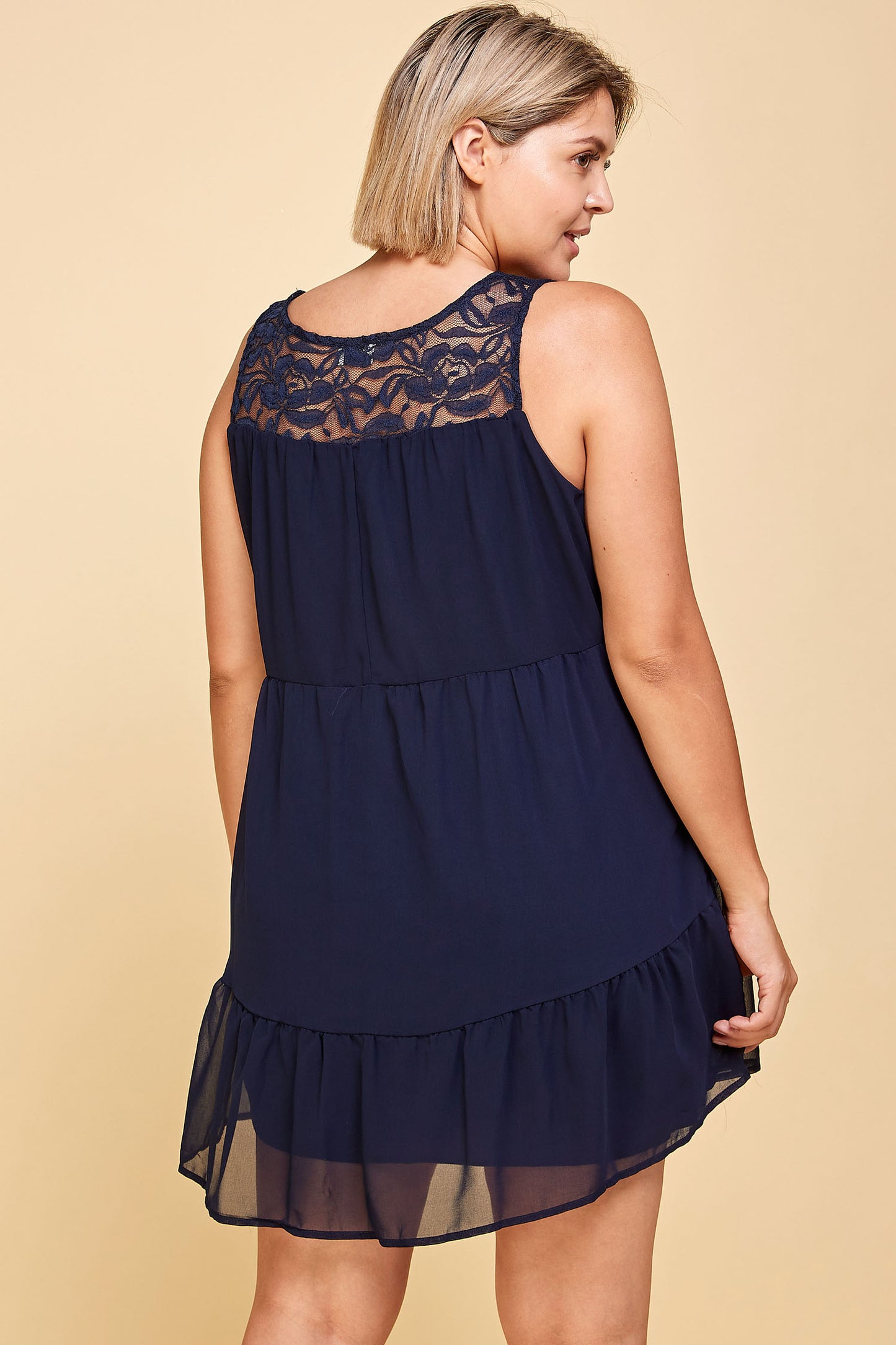 NAVY SLEEVELESS LACE PLUS SIZE TIERED MINI DRESS