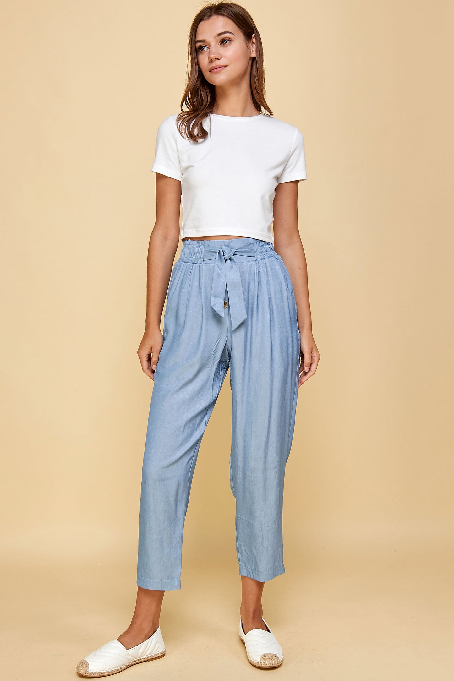 BLUE SILK TROUSER CAPRI WITH TIE WAIST