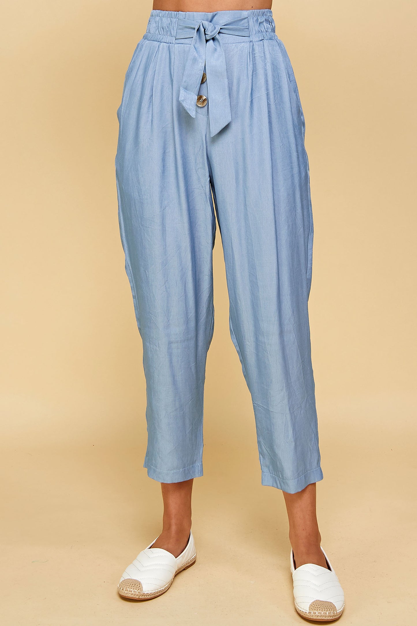 BLUE SILK TROUSER CAPRI WITH TIE WAIST