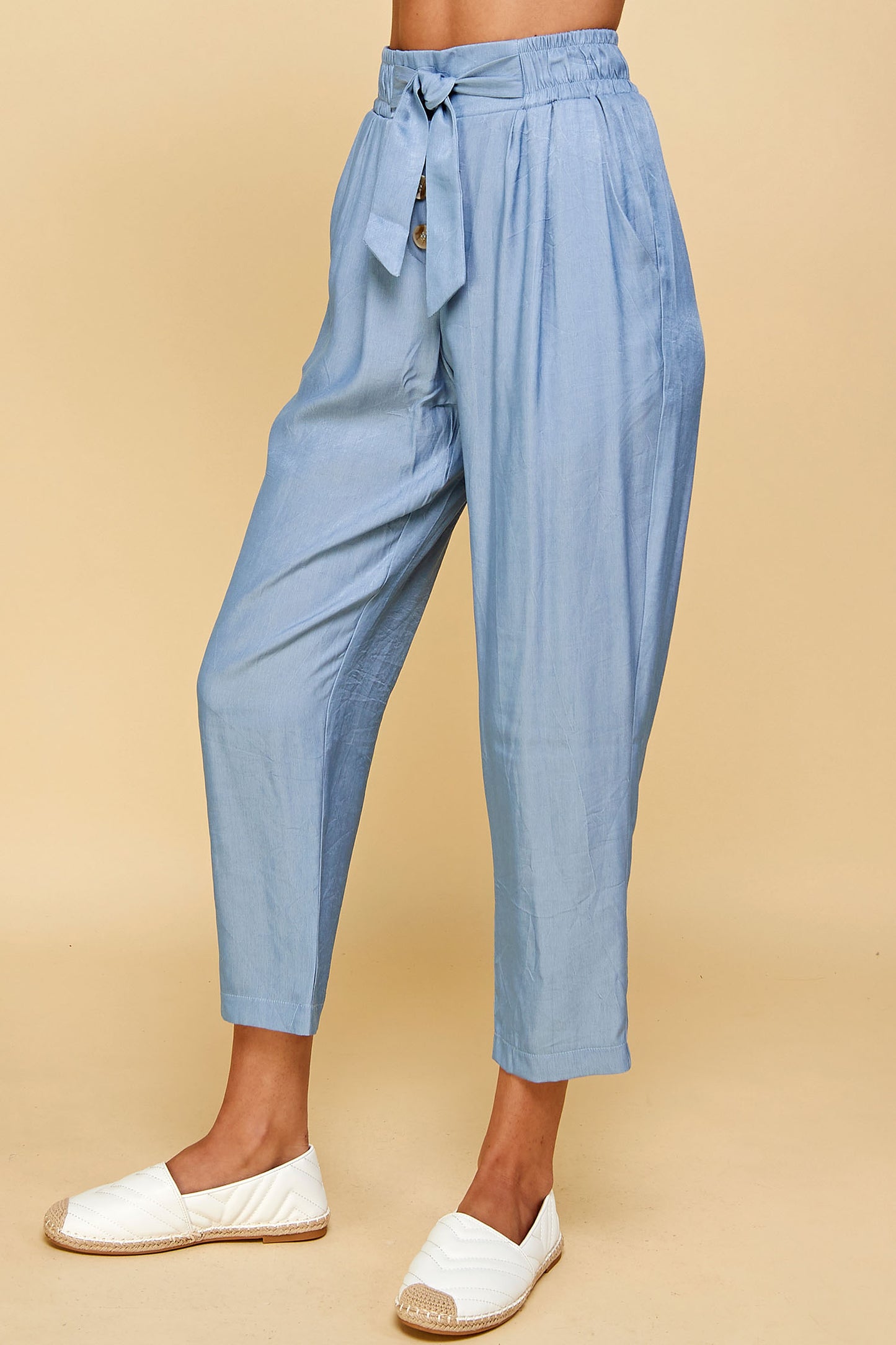 BLUE SILK TROUSER CAPRI WITH TIE WAIST
