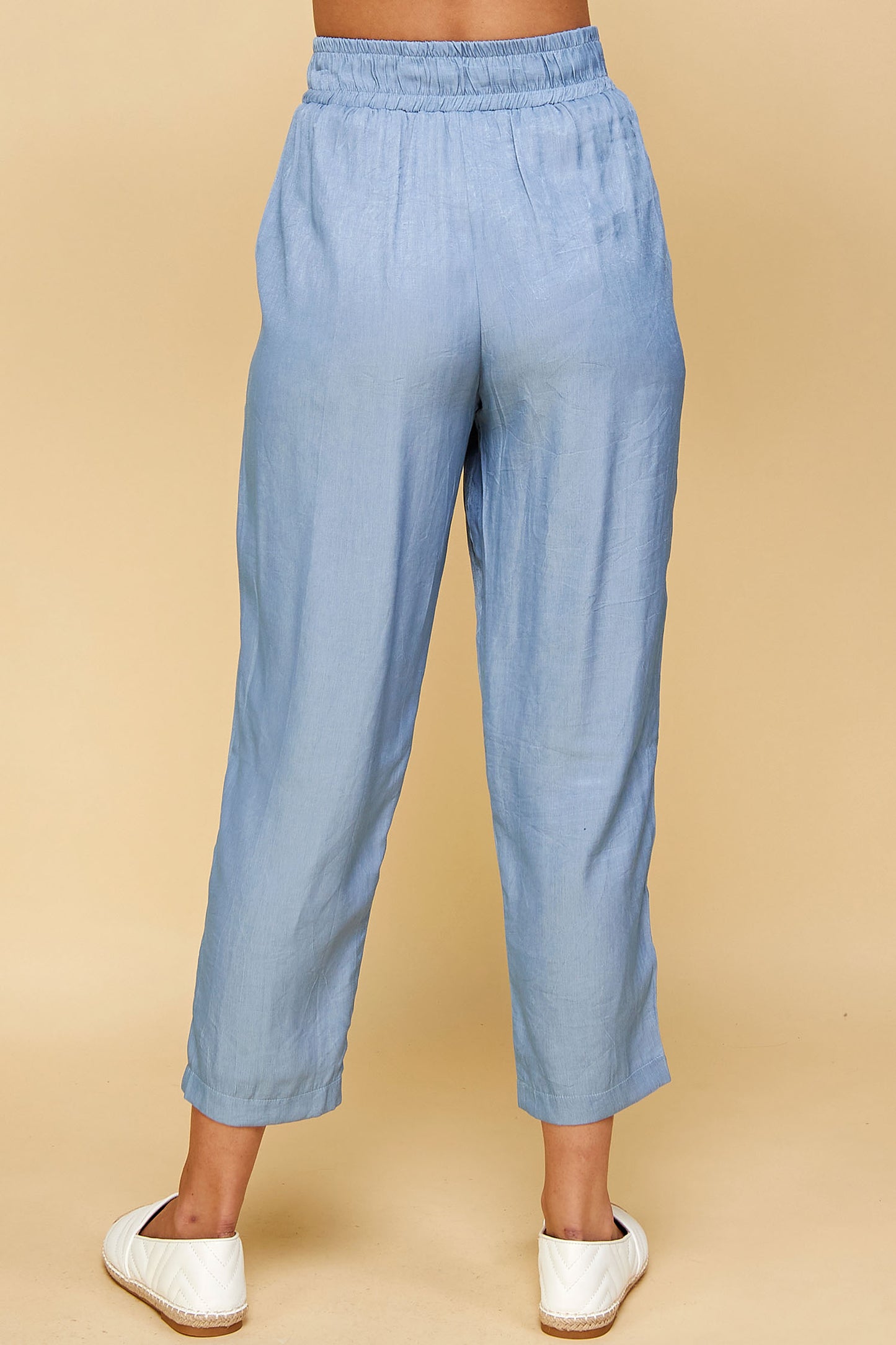 BLUE SILK TROUSER CAPRI WITH TIE WAIST