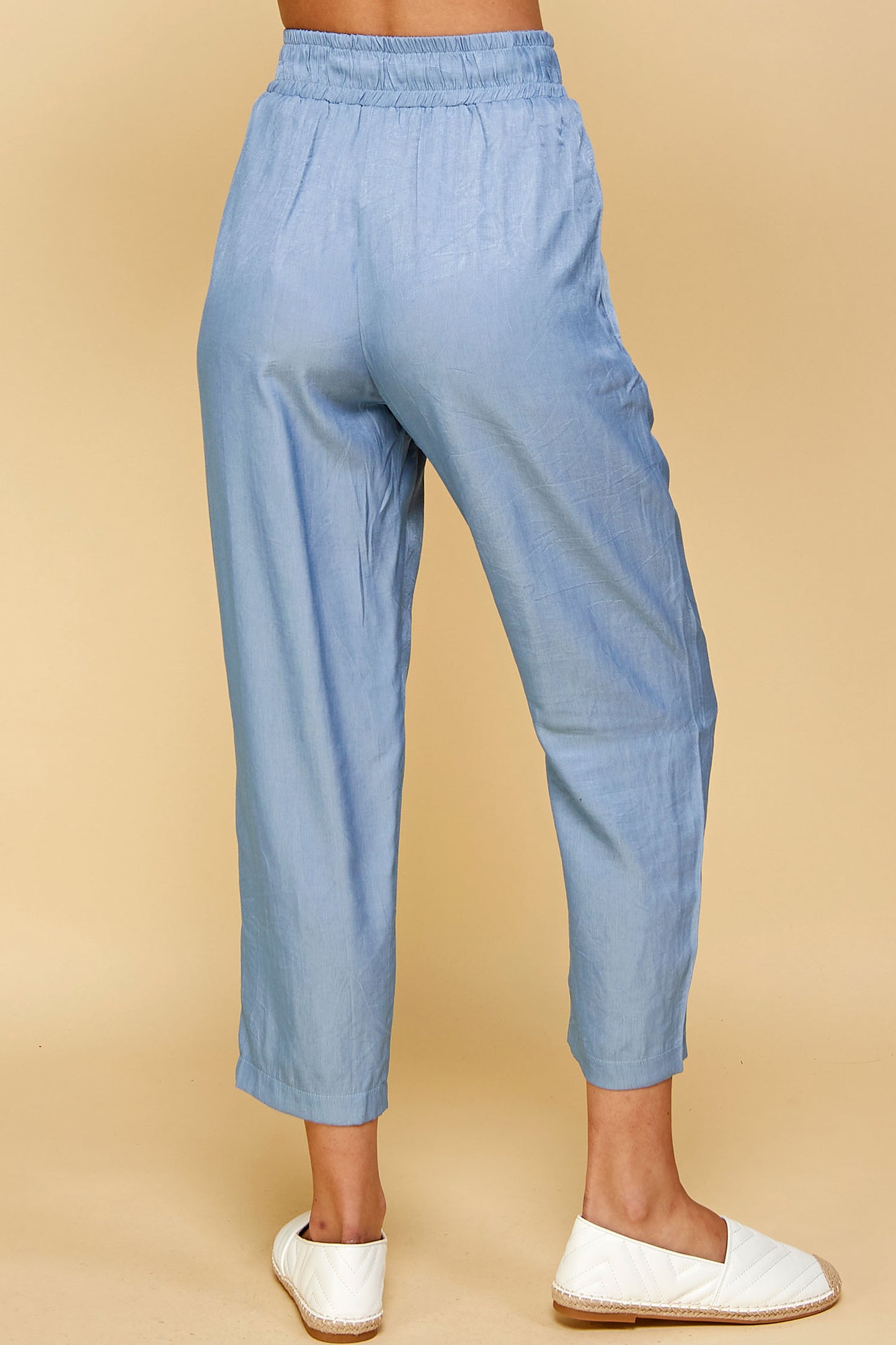 BLUE SILK TROUSER CAPRI WITH TIE WAIST
