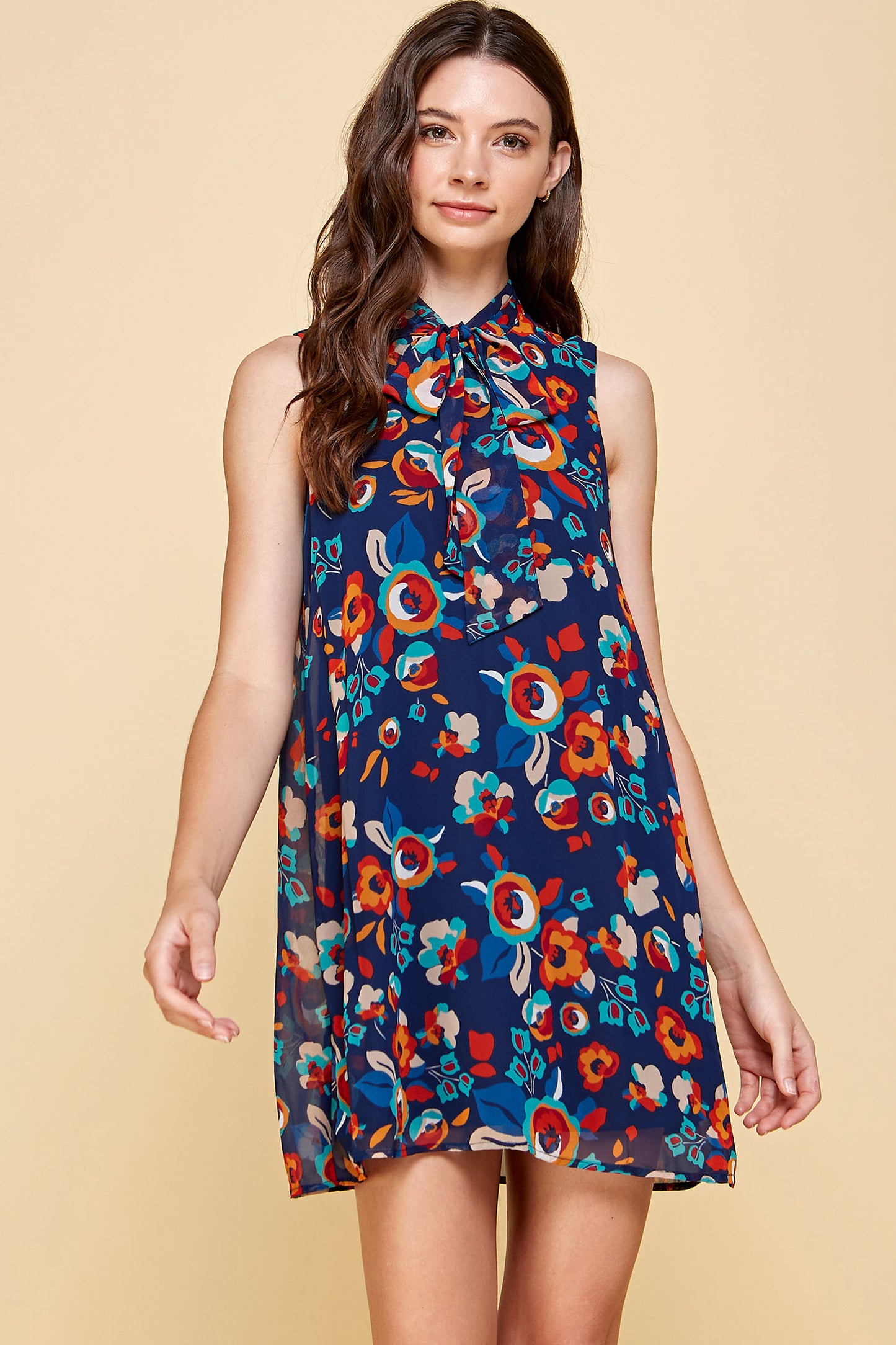 SLEEVELESS FLORAL MINI DRESS WITH NECK TIE